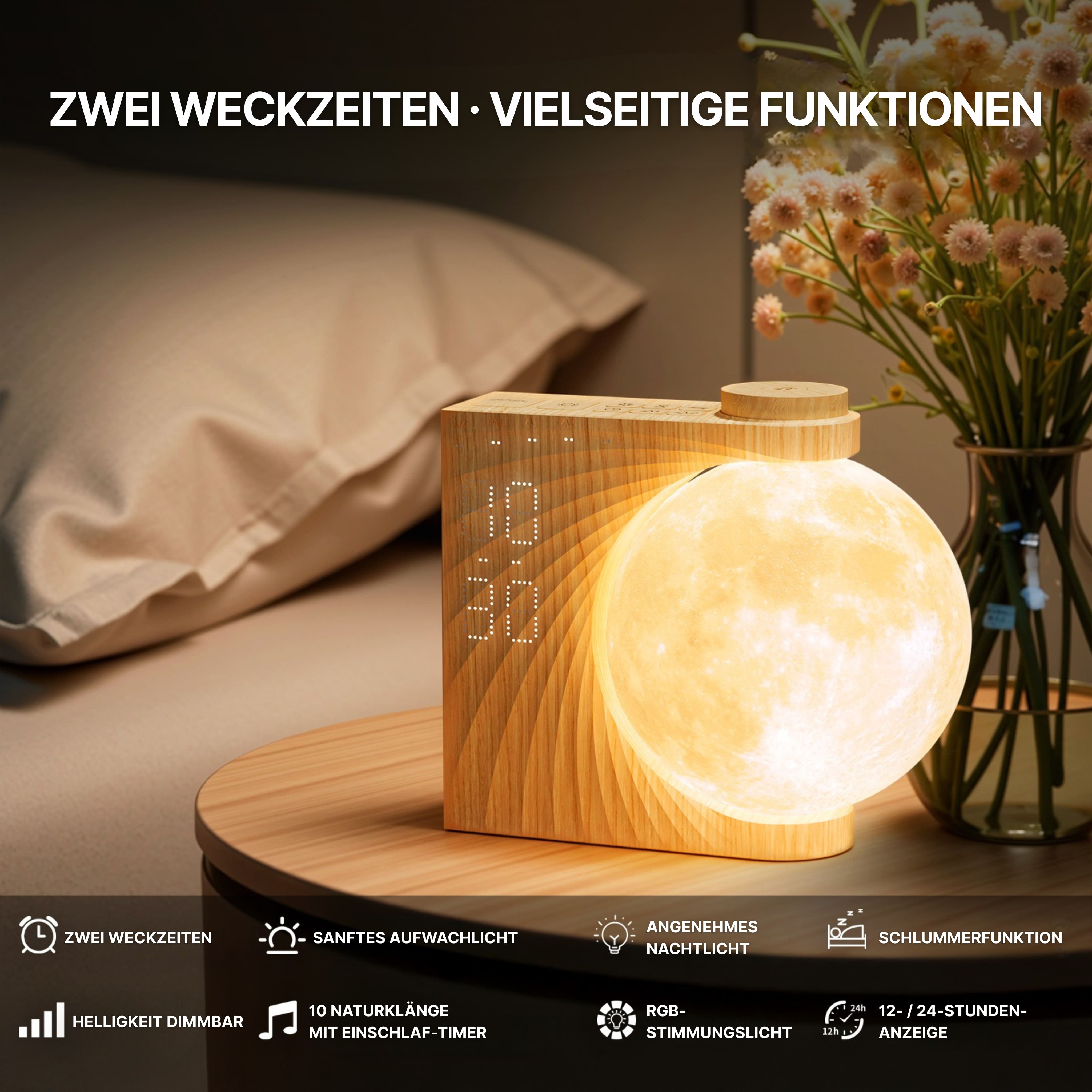 Luna Glow Réveil Lumineux – Lampe Lune avec Réveil & Lumière d’Aube