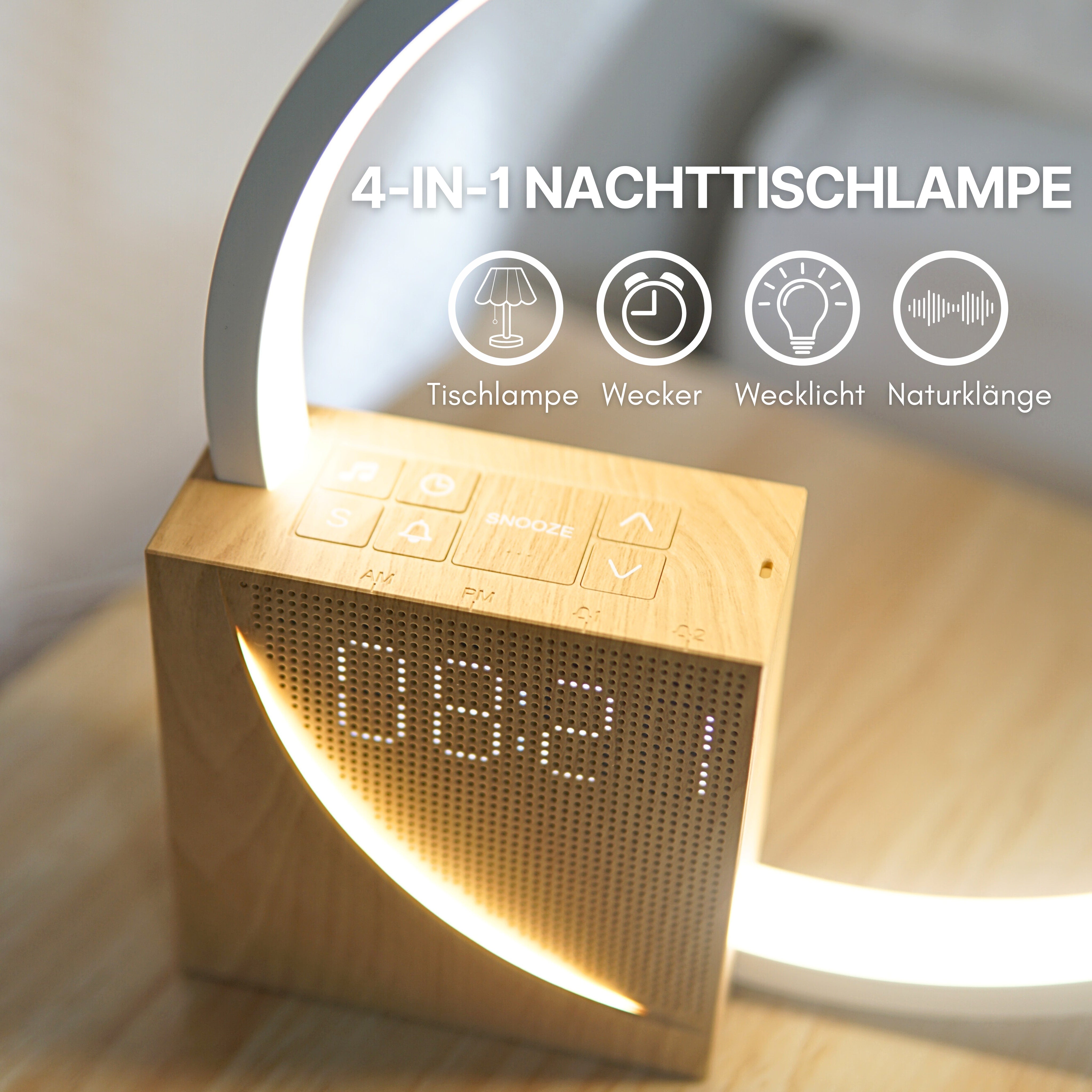 Der multifunktionale Rise & Shine Lichtwecker mit vier praktischen Funktionen: dimmbare Lampe für sanftes Licht, integrierter Wecker, Wecklicht für ein natürliches Erwachen und entspannende Naturklänge für eine beruhigende Atmosphäre.