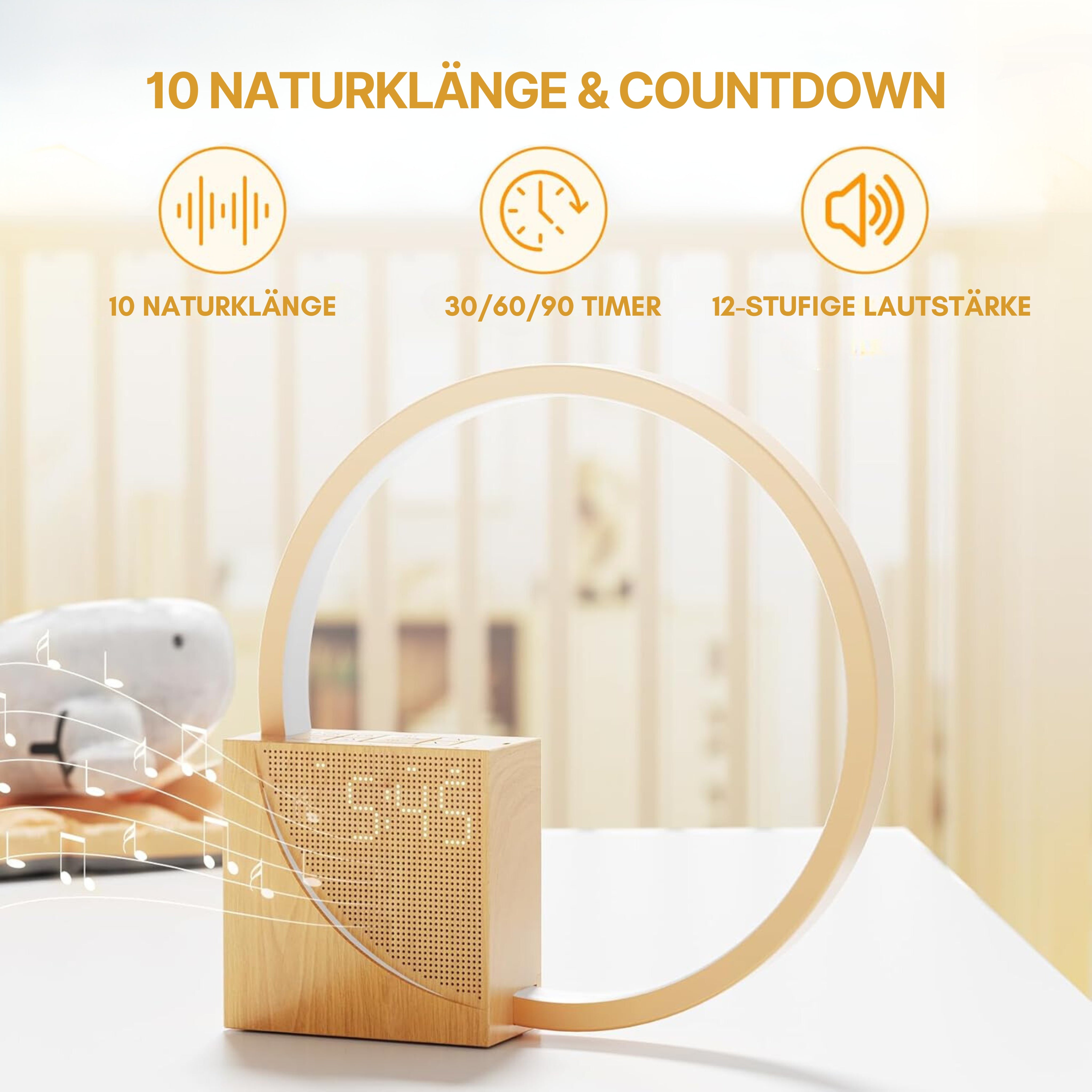 Rise & Shine Lichtwecker mit 10 beruhigenden Naturklängen: Einschlafhilfe mit individuell einstellbarem Countdown (30, 60 oder 90 Minuten) und sanfte Naturklänge als Weckton für einen entspannten Start in den Tag.