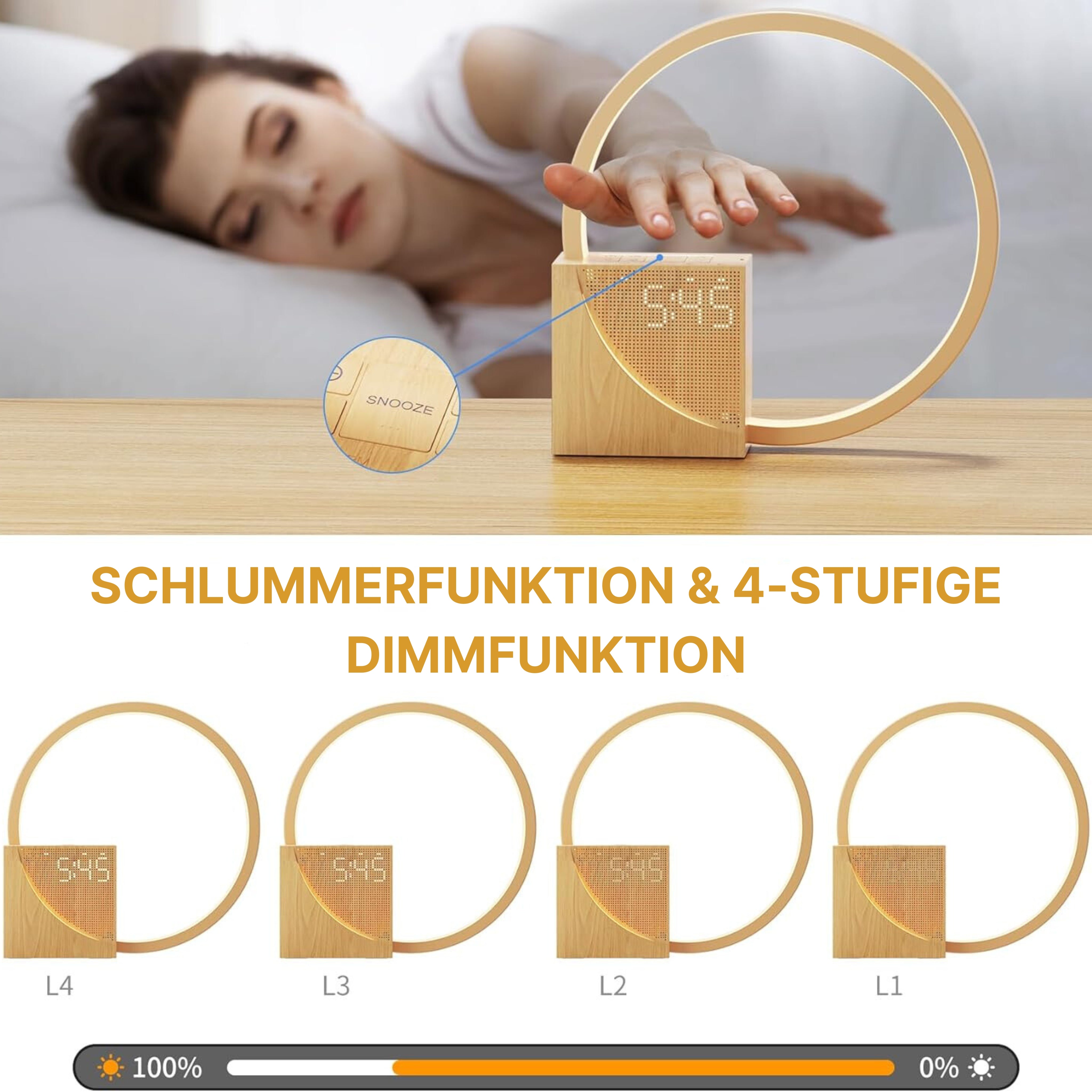 Rise & Shine Lichtwecker mit praktischer Snooze-Taste für bequemes Schlummern und einem dimmbaren Display mit vier Helligkeitsstufen für eine angenehme Nachtruhe.