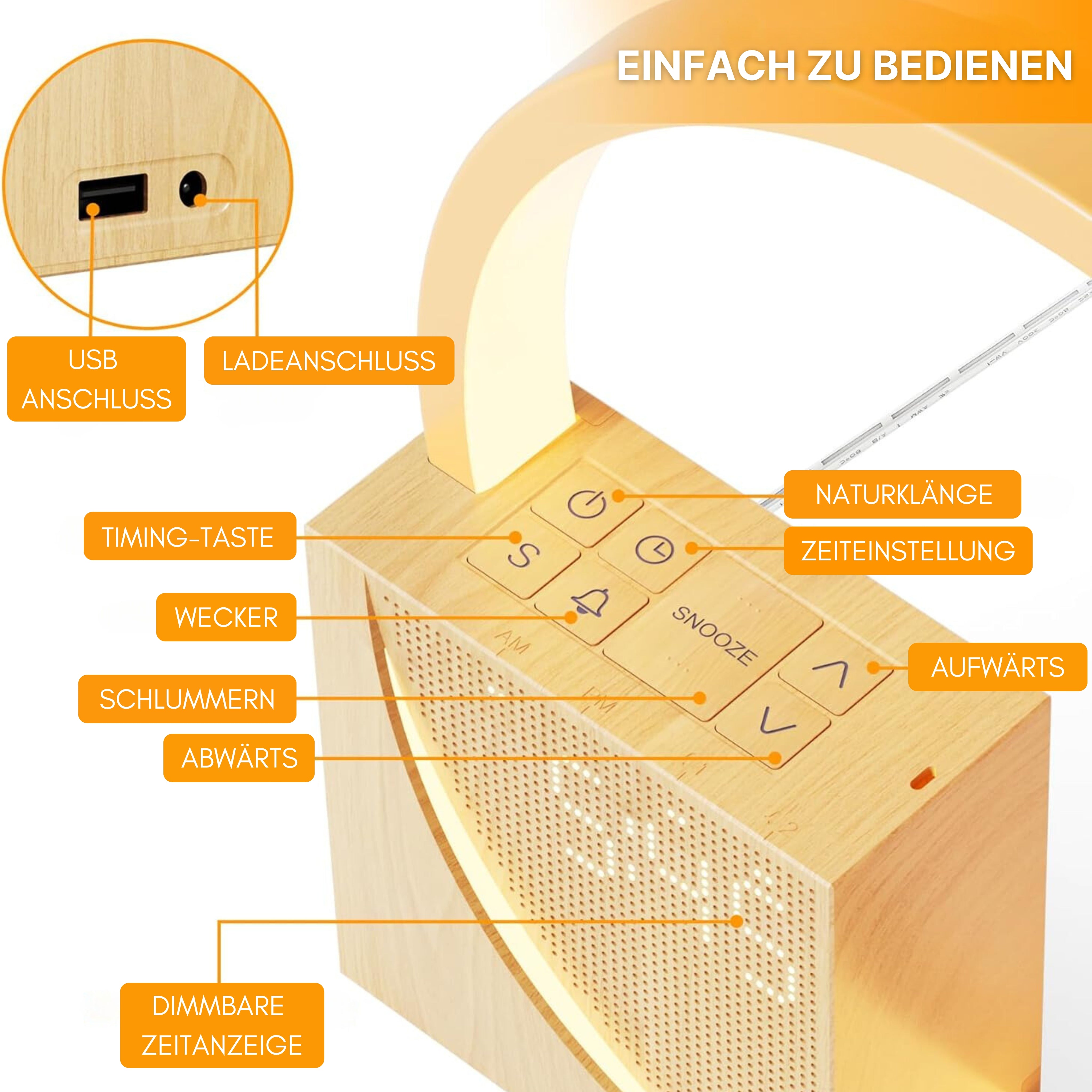 Rise & Shine Lichtwecker mit intuitivem Tasten-Design: einfache Bedienung aller Funktionen wie Dimmen, Wecker, Naturklänge und Wecklicht – für mühelosen Komfort und maximale Entspannung.