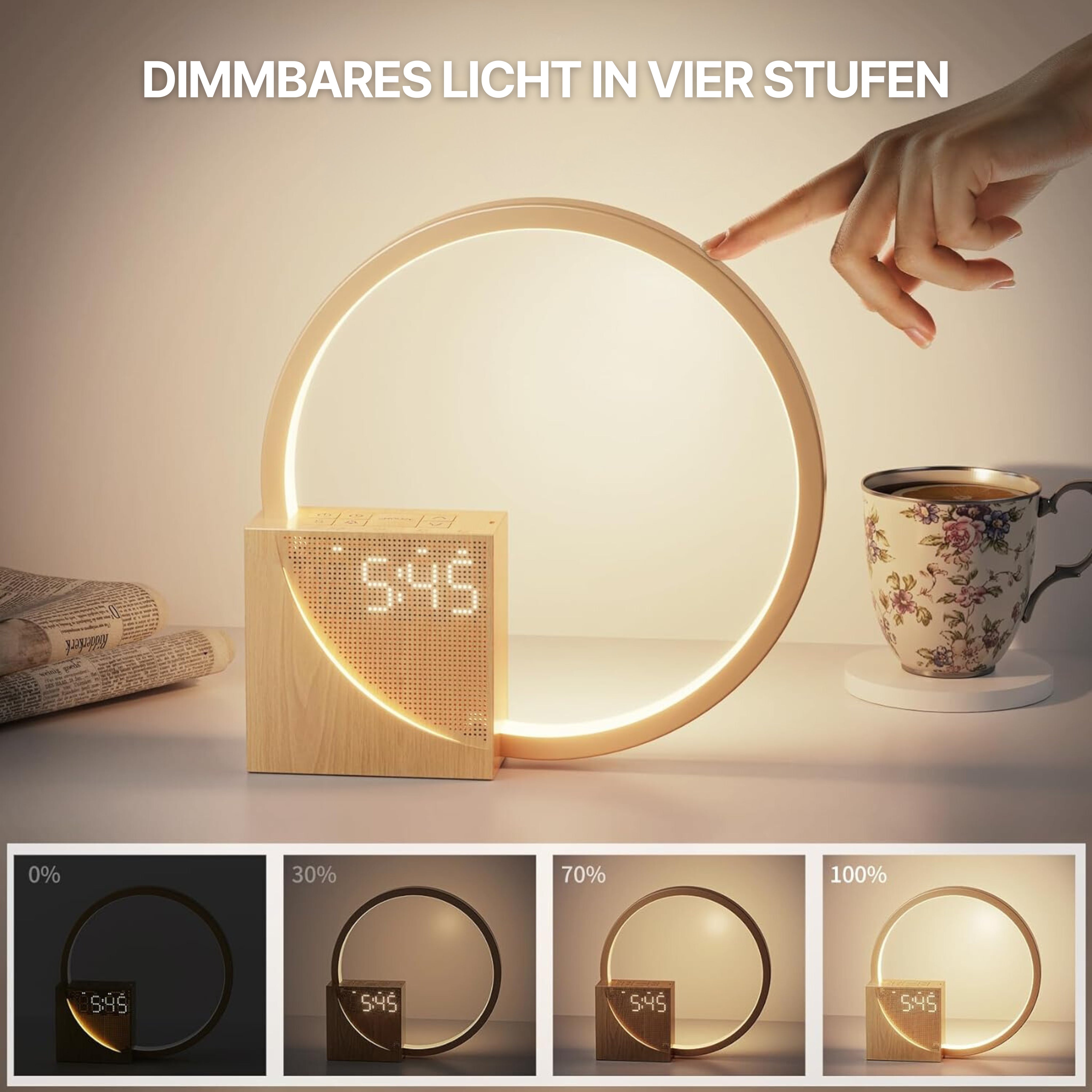 Der Rise & Shine Lichtwecker mit dimmbarem Licht in 3 Stufen: Warmes, sanftes Licht für Entspannung, mittlere Helligkeit für Gemütlichkeit und klares Licht zum Lesen – perfekt für jede Tageszeit und Stimmung.