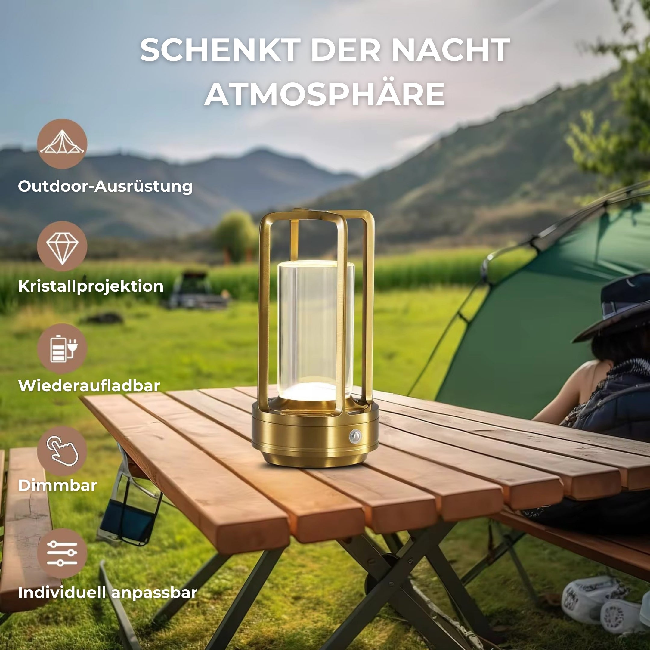 Das Ambient Light auf einem Campingtisch bei Dämmerung – kabelloses Licht für ruhige Abende unter freiem Himmel.