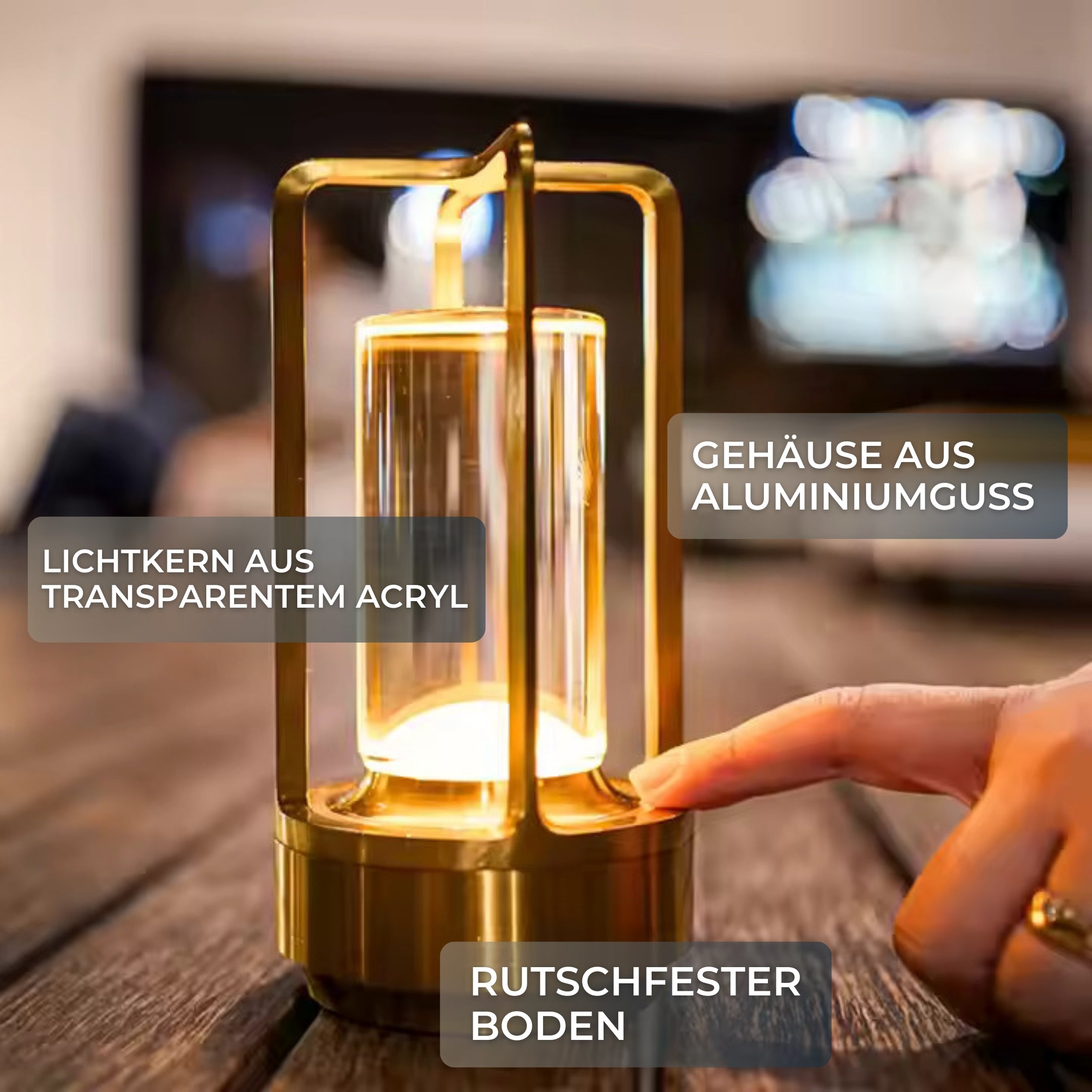 Detailaufnahme des Ambient Light – Lichtkern aus Acryl, Gehäuse aus Aluminiumguss, rutschfester Boden.
