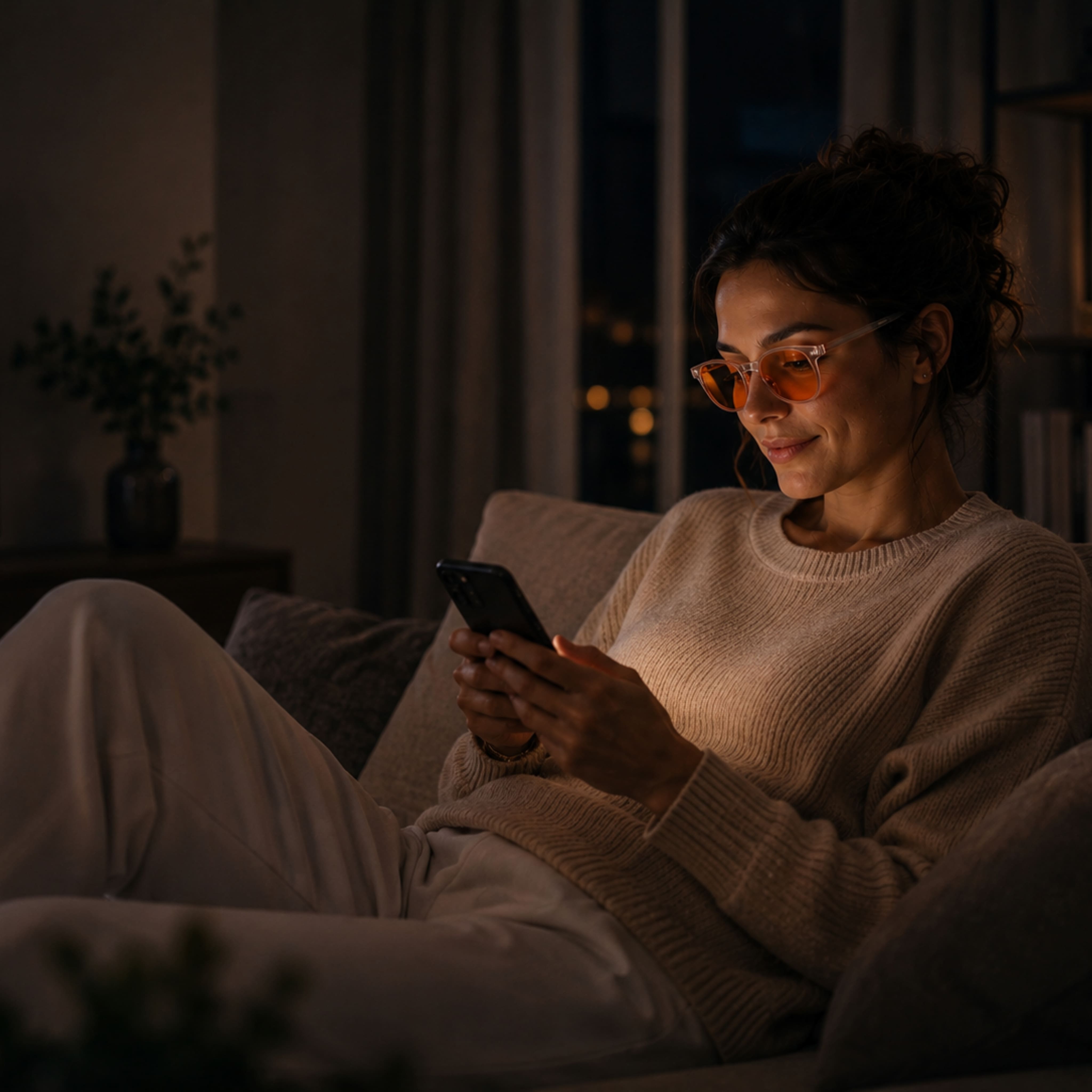 Frau entspannt abends mit dem Smartphone und trägt die EVENING RITUAL Blaulichtfilterbrille