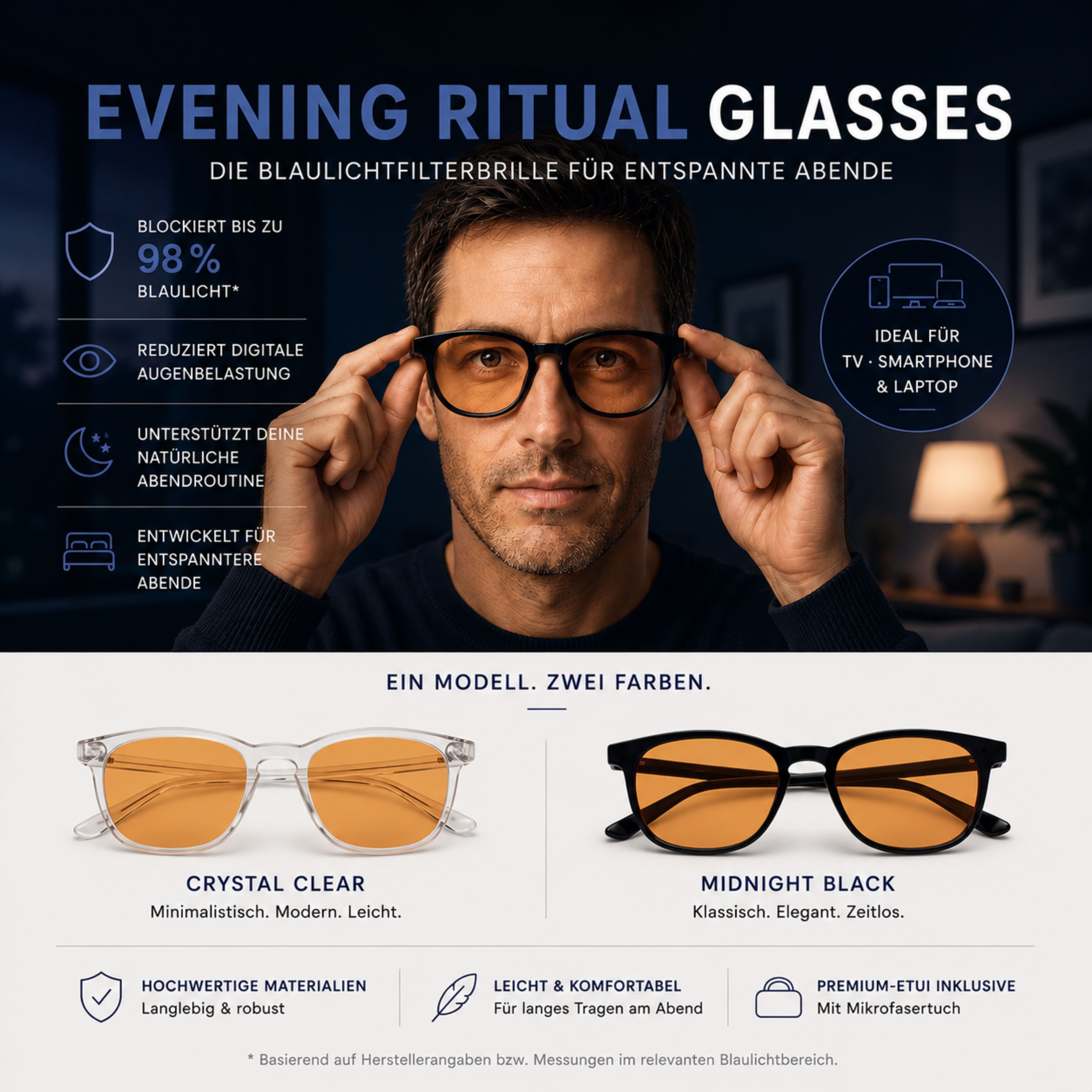 EVENING RITUAL Blaulichtfilterbrille in Crystal Clear und Midnight Black mit Vorteilen im Überblick