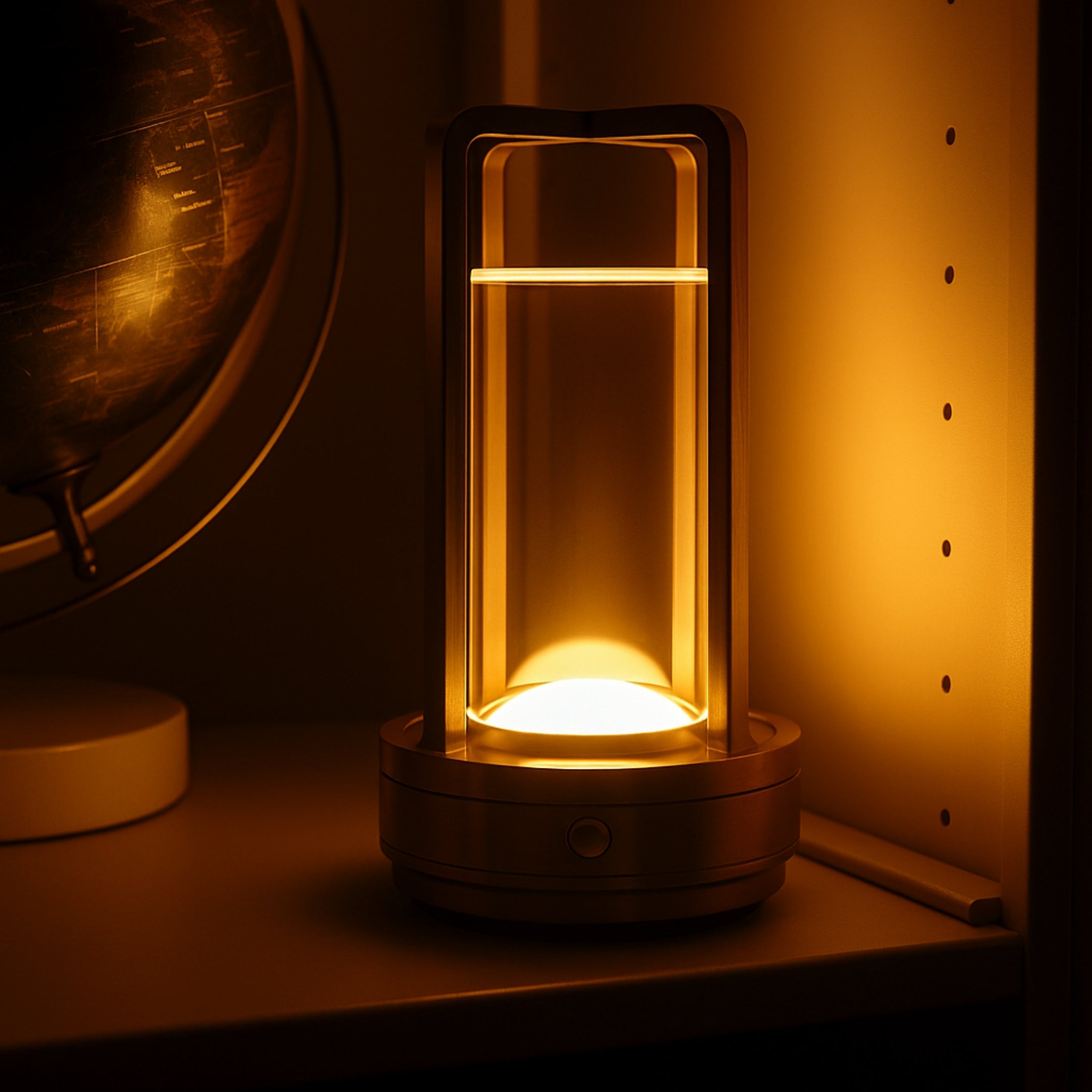 Stimmungsvolle kabellose Tischlampe mit warmem Lichtschein, ideal für Innenräume wie Wohnzimmer oder Schlafzimmer, modern designt mit Glaszylinder und Metallrahmen.