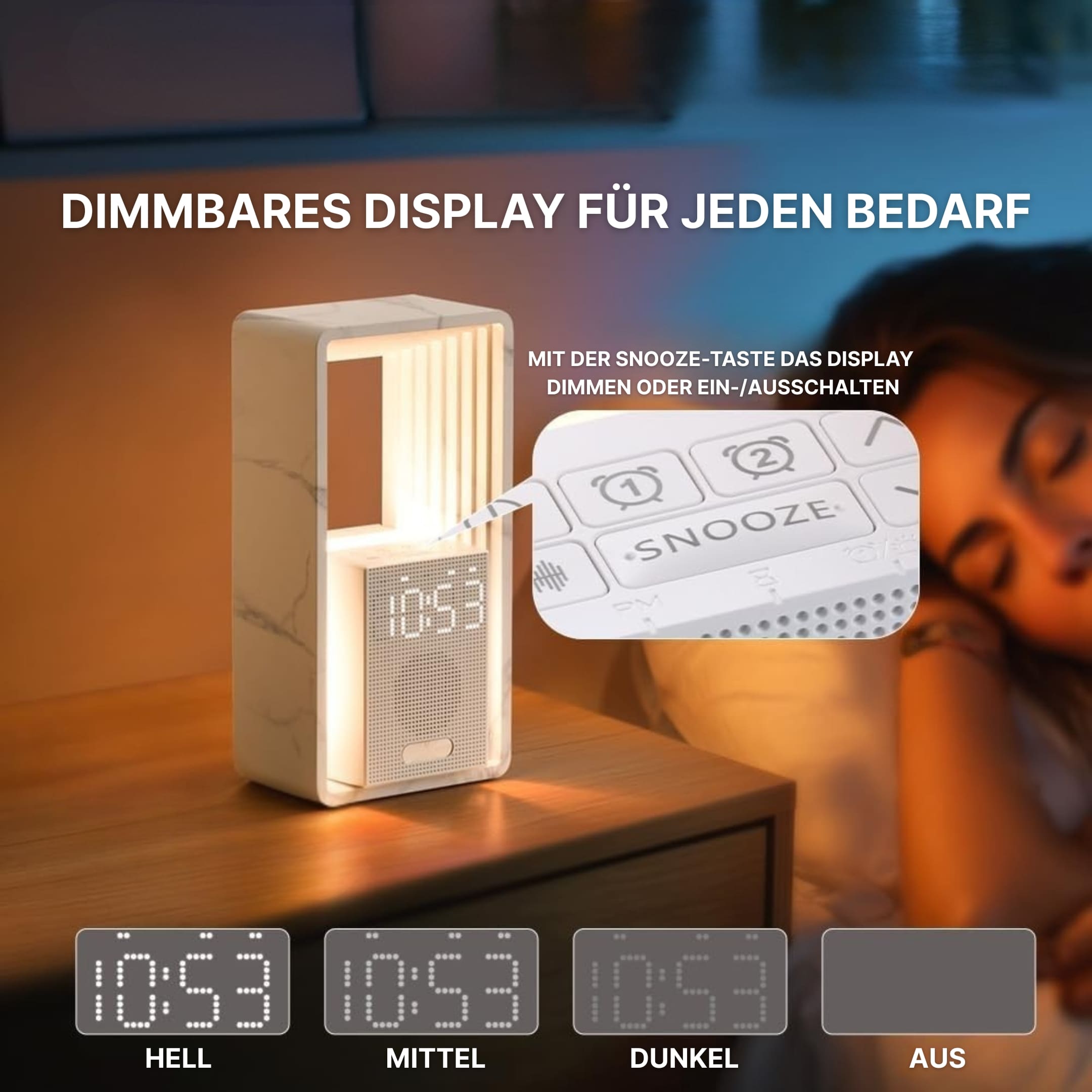 Lichtwecker mit dimmbarem Display und Snooze-Funktion zeigt verschiedene Helligkeitsstufen für angenehmen Schlaf ohne störendes Licht