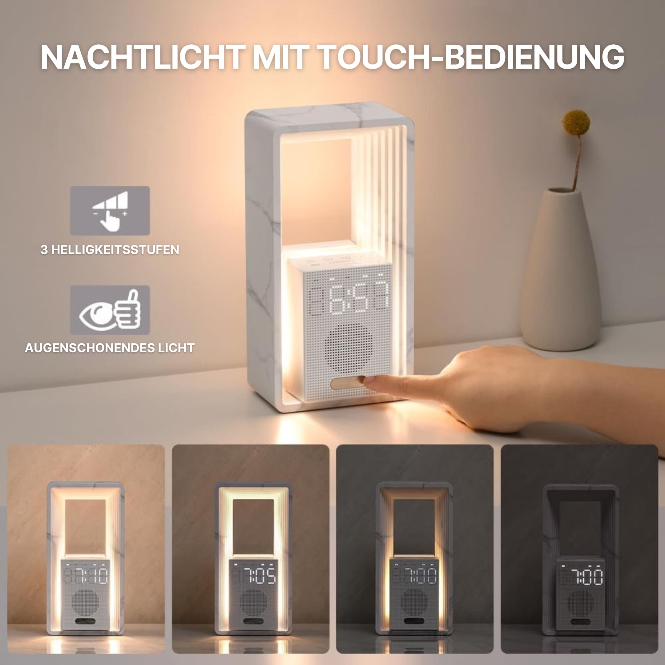 Lichtwecker mit Touch-Bedienung und dimmbarem Nachtlicht mit drei Helligkeitsstufen für angenehmes Licht im Schlafzimmer