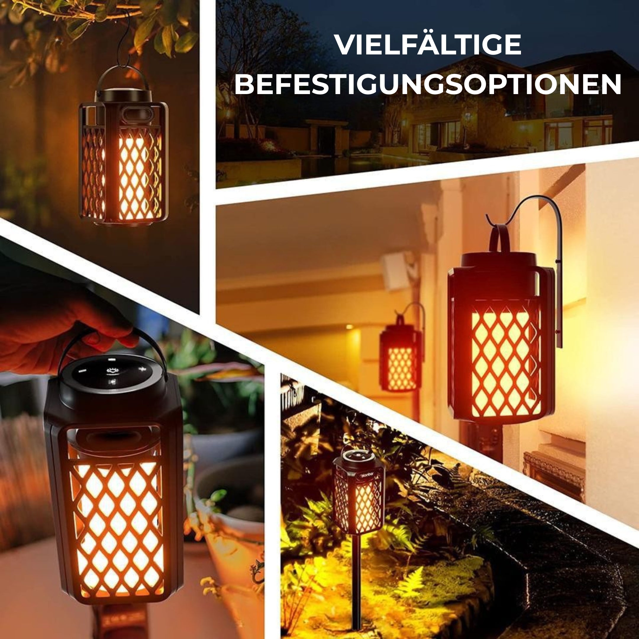 Collage mit verschiedenen Einsatzmöglichkeiten der Luminara: hängend, gesteckt, montiert und tragbar – stimmungsvolles Licht im Außenbereich.