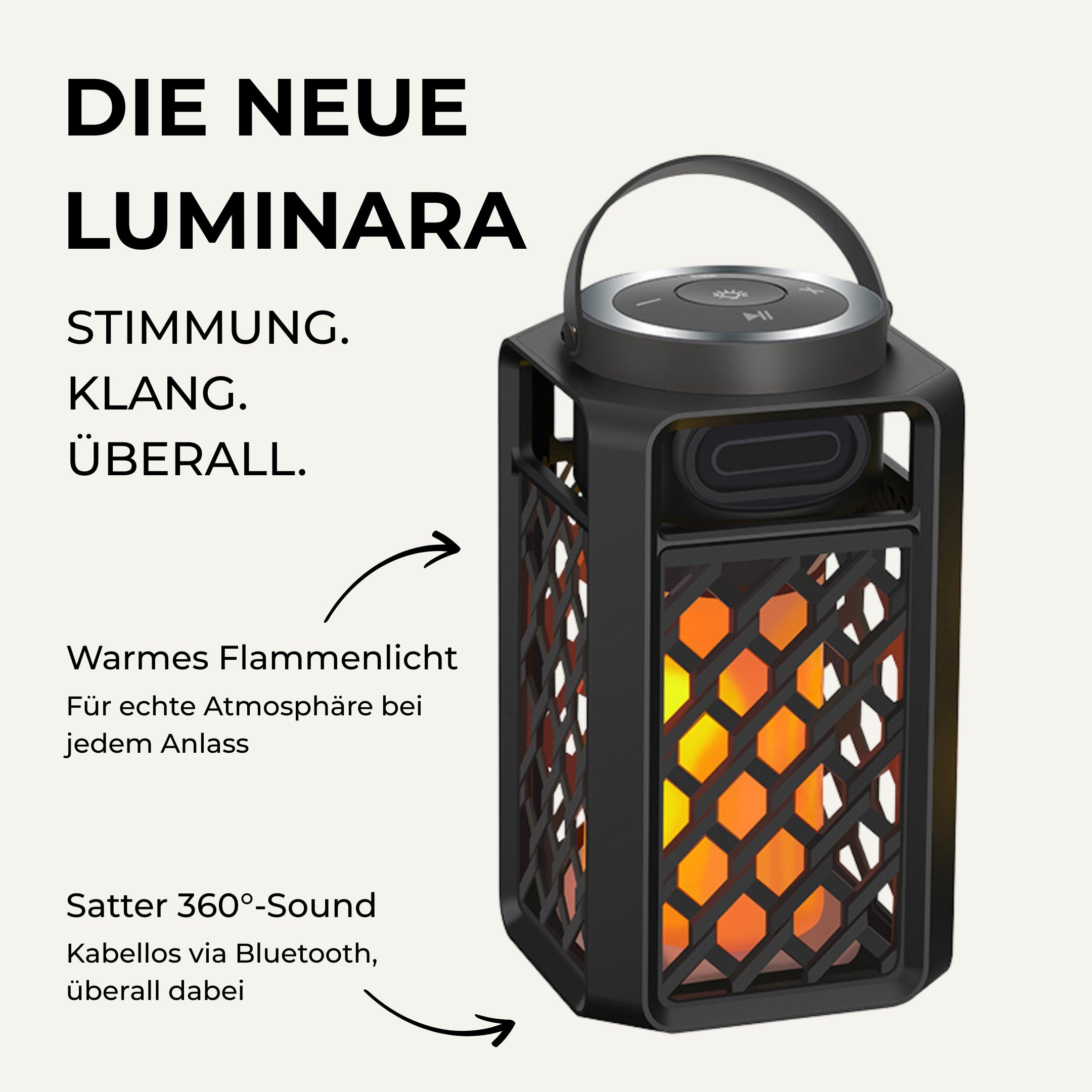 Werbegrafik der Luminara mit Text-Highlights zu Flammenlicht und 360°-Sound – klare Darstellung der Produktvorteile.