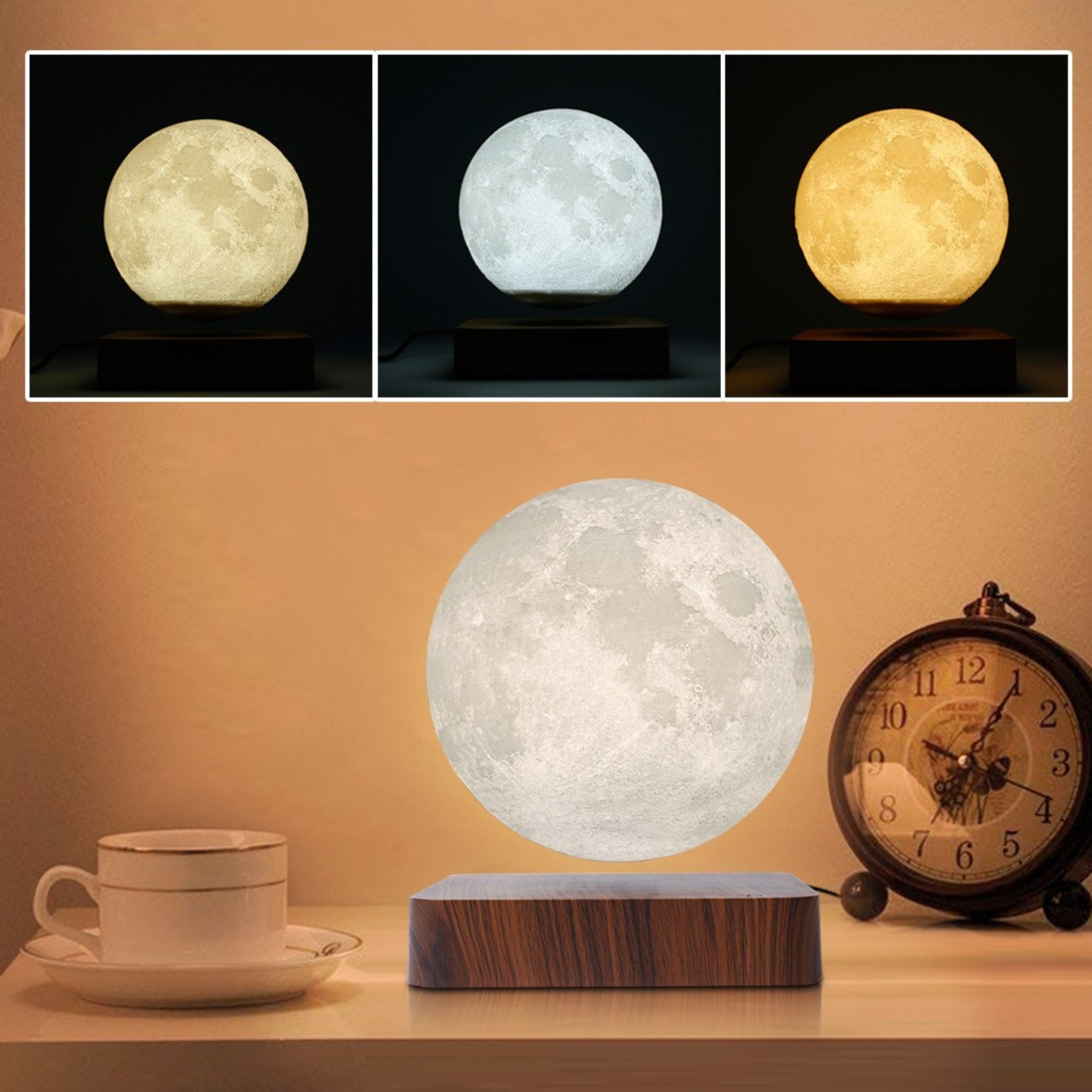 Schwebende Mondlampe mit drei Lichtfarben: warmweiss, kaltweiss und bernsteinfarben
