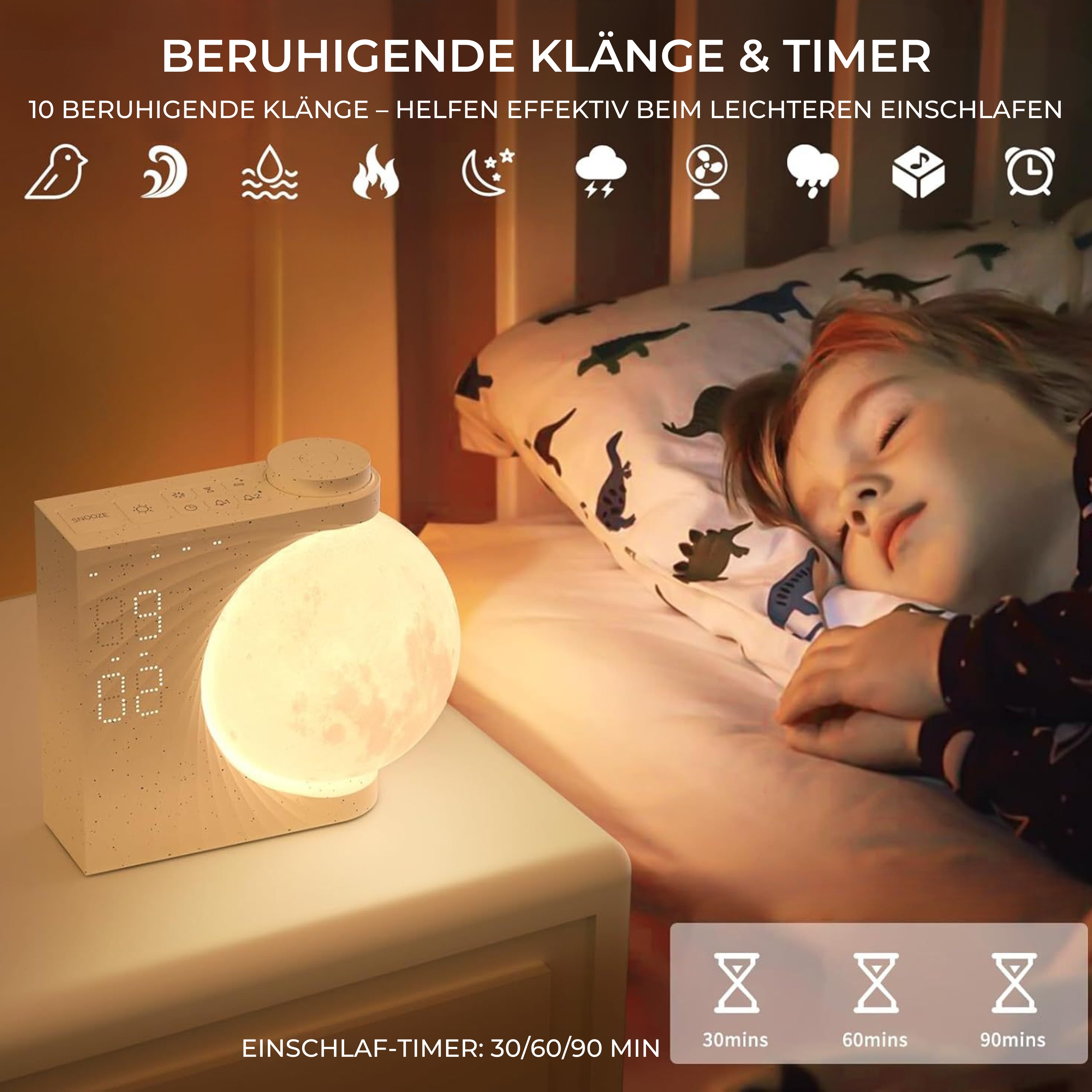 Kind schläft neben Luna Glow Mondlampe mit Soundfunktion und Einschlaf-Timer.