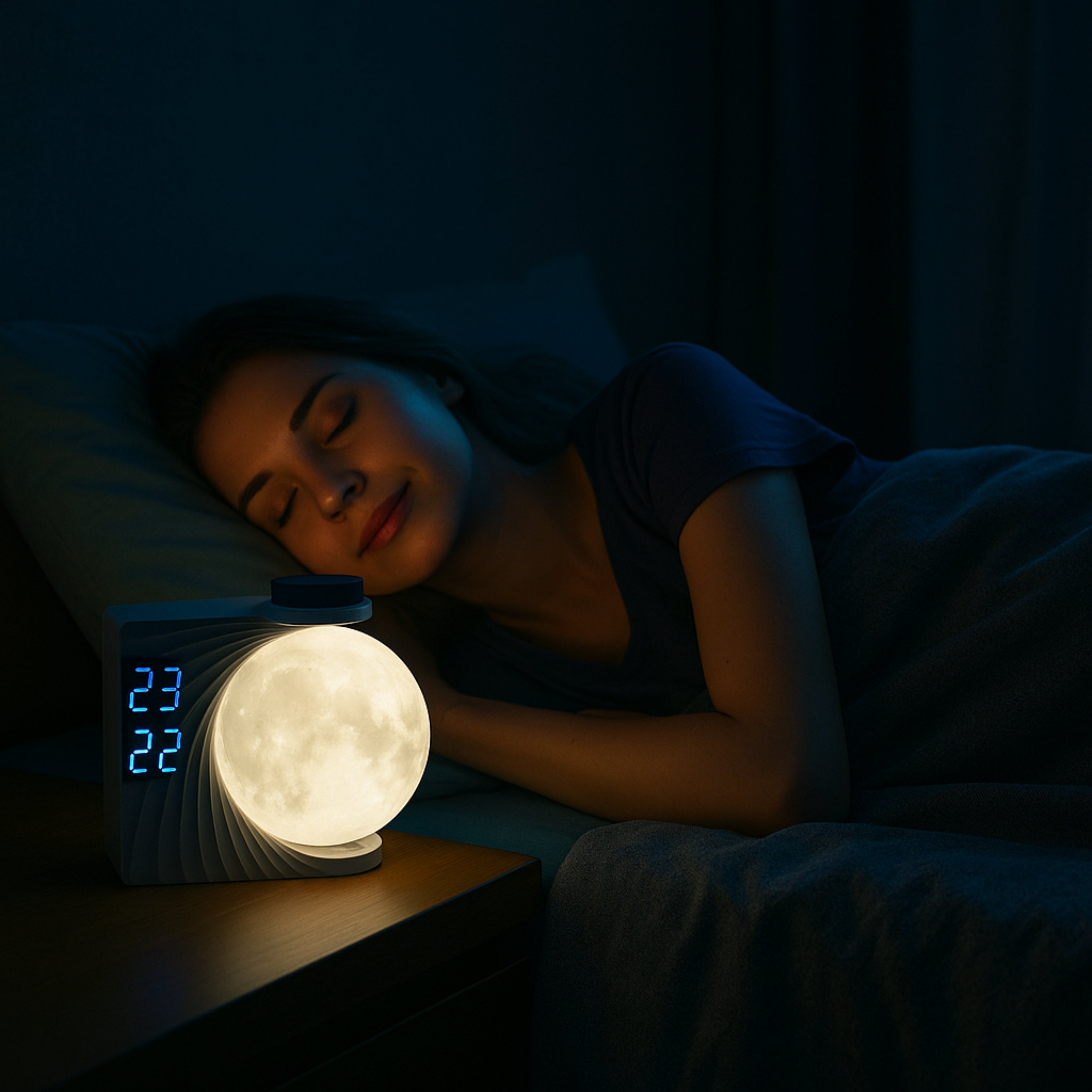 Junge Frau schläft entspannt mit leuchtender Luna Glow Mondlampe auf dem Nachttisch.