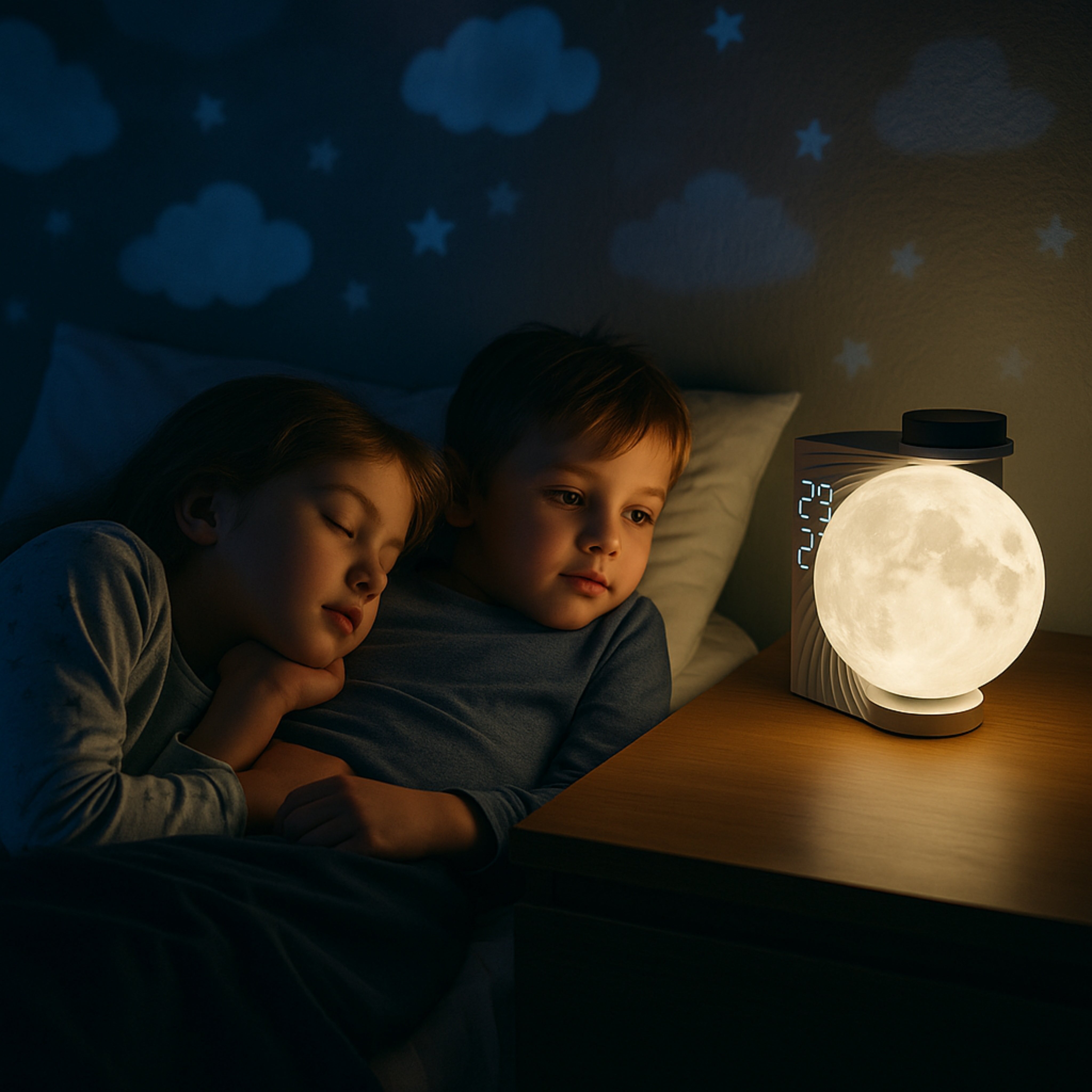 Zwei Kinder schlafen neben der Luna Glow Mondlampe in einem liebevoll gestalteten Kinderzimmer.