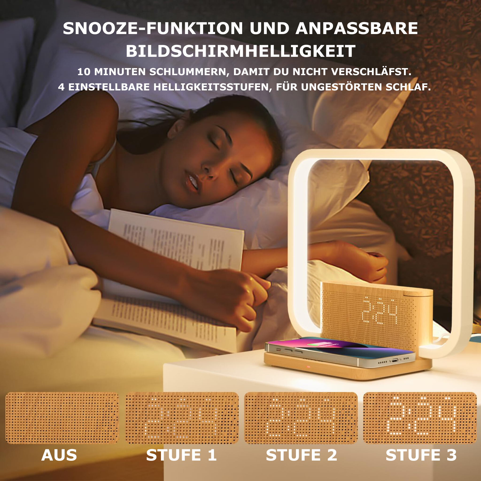 Rise & Charge Nachttischlampe mit dimmbarem Display in 3 Stufen und AUS-Funktion für optimale Schlafbedingungen.