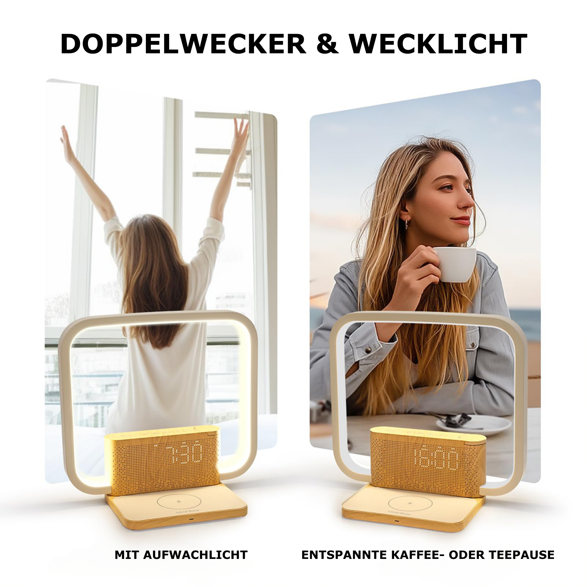Rise & Charge Nachttischlampe auf einem Nachttisch mit animiertem Sonnenaufgang als Wecklicht für sanftes und angenehmes Aufwachen.