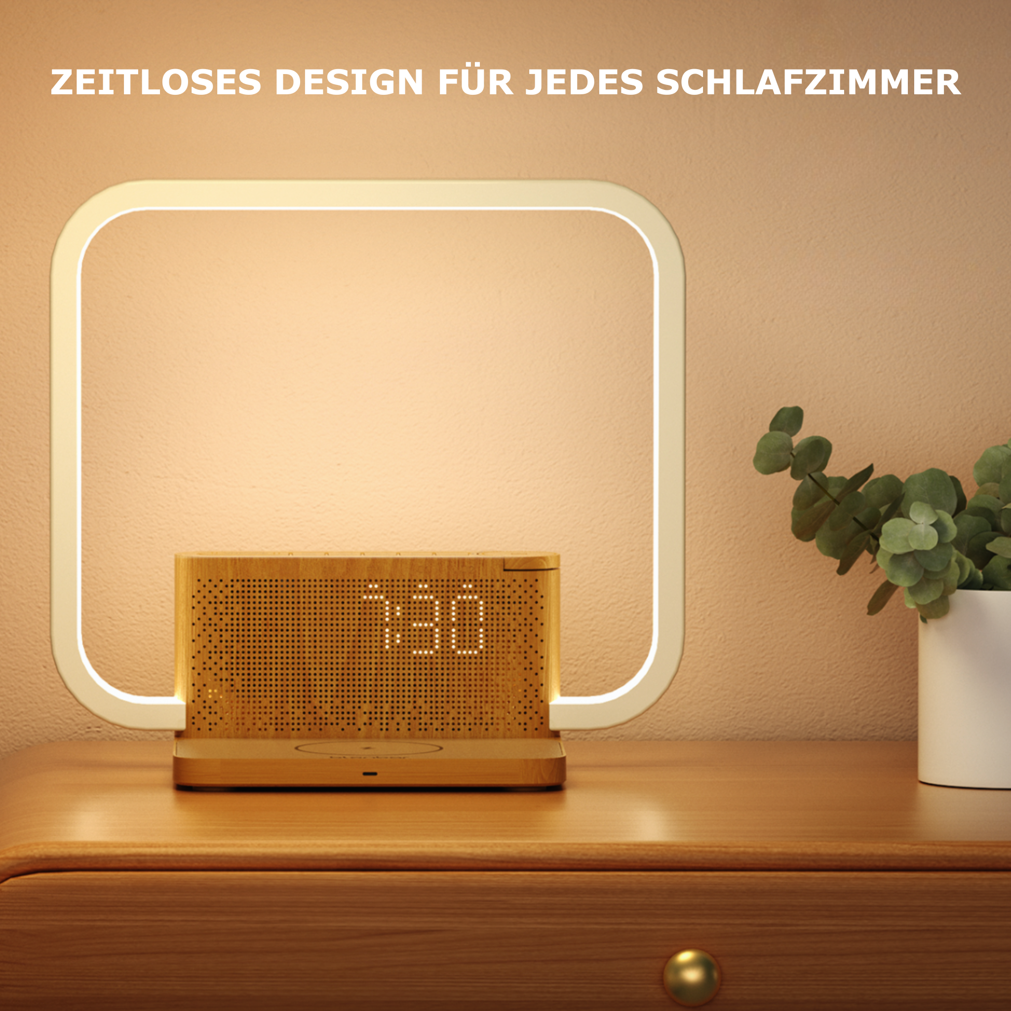 Rise & Charge Nachttischlampe mit zeitlosem Design, das Eleganz und Funktionalität in jedes Schlafzimmer bringt.