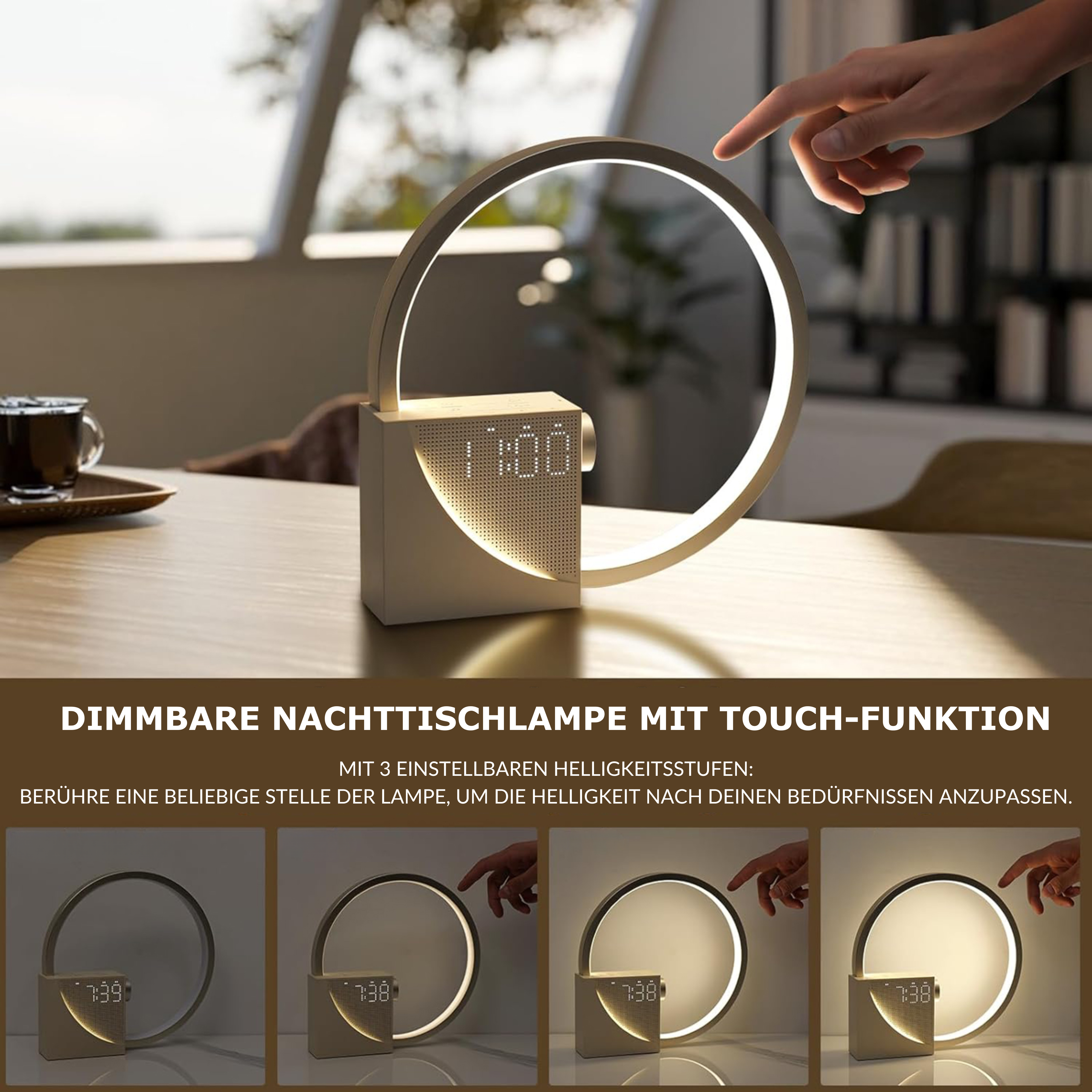 Die Rise & Shine Nachttischlampe bietet eine einfache Touch-Funktion am Ring, mit der du die Helligkeit in drei Stufen dimmen kannst. Eine sanfte Berührung genügt, um die Lampe nach deinen Bedürfnissen anzupassen und eine angenehme Beleuchtung zu schaffen.