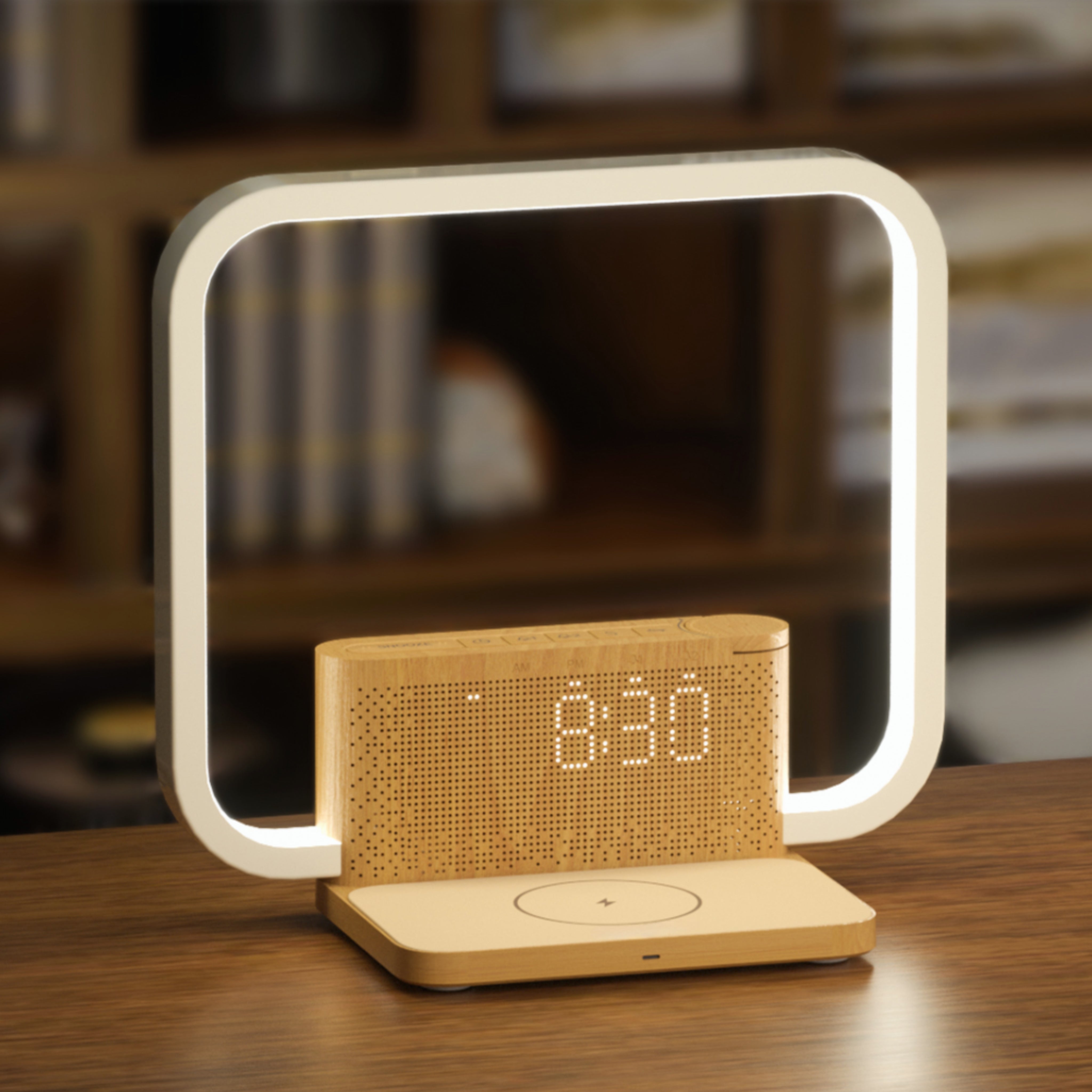 Rise & Charge Nachttischlampe mit kabellosem Laden – modernes Design & praktische Ladefunktion für Smartphones auf dem Schreibtisch.