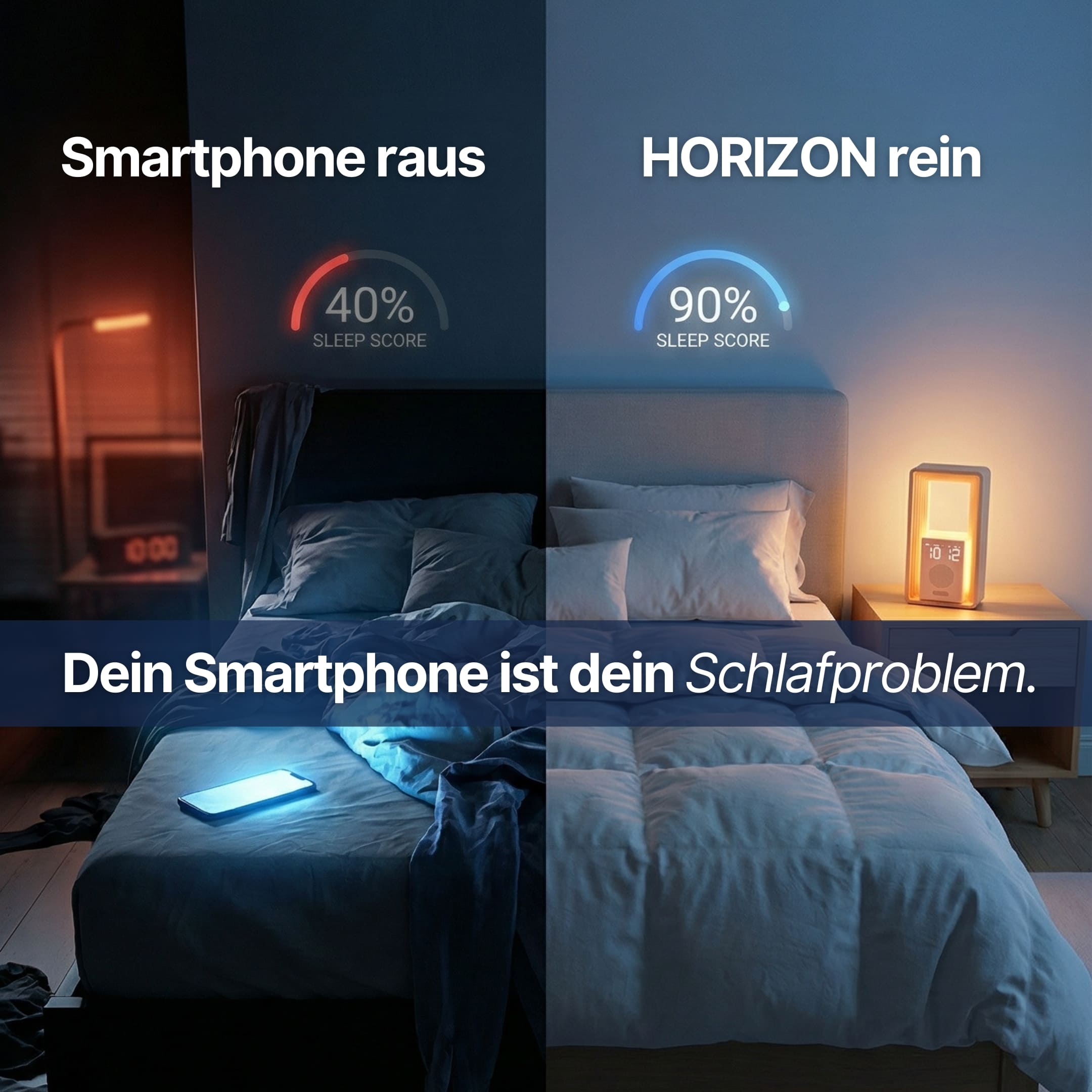Vergleich Schlafzimmer mit Smartphone vs Lichtwecker für besseren Schlaf ohne Ablenkung und mehr Erholung
