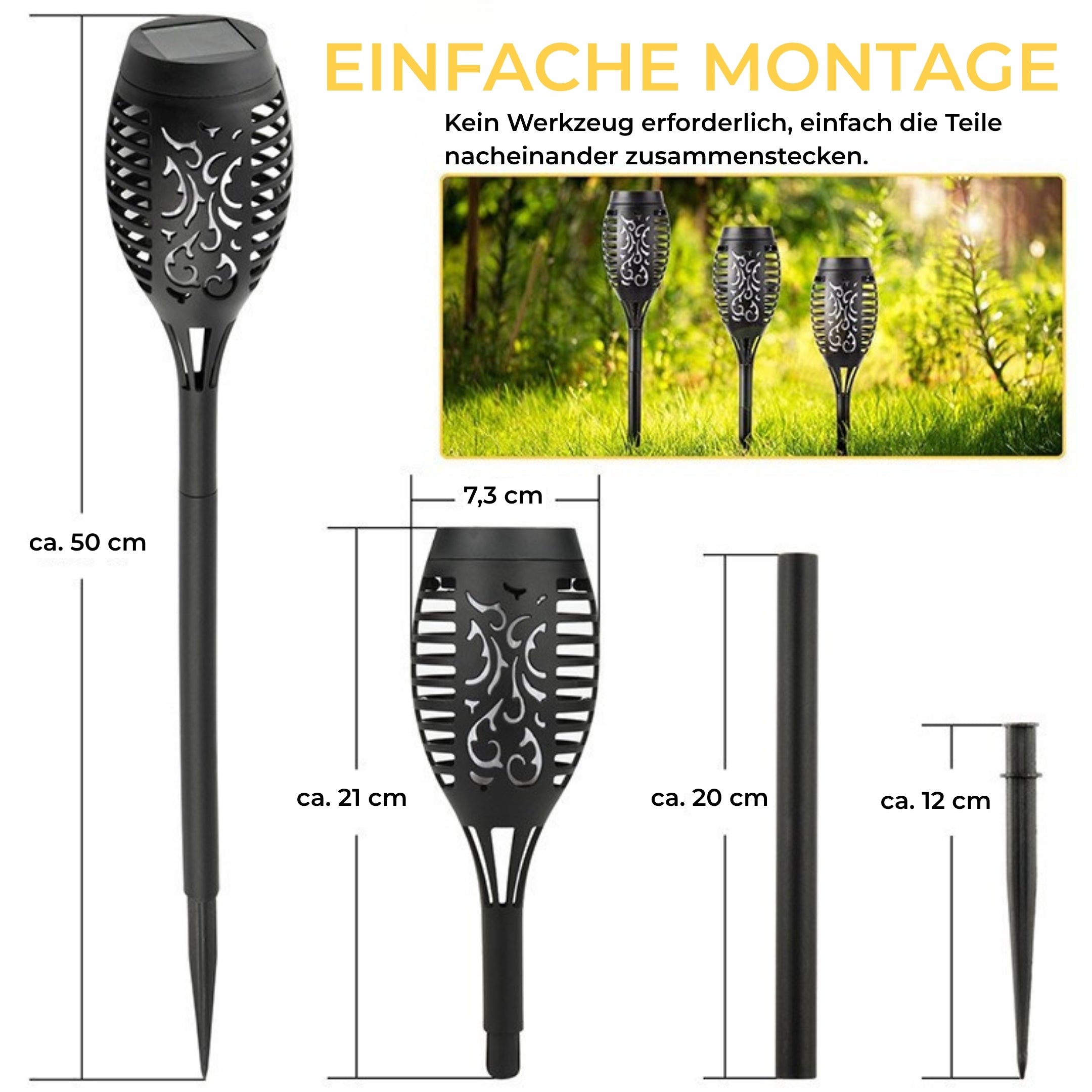 Masse und Aufbau der Solar Gartenfackel – ca. 50 cm hoch, modular steckbar