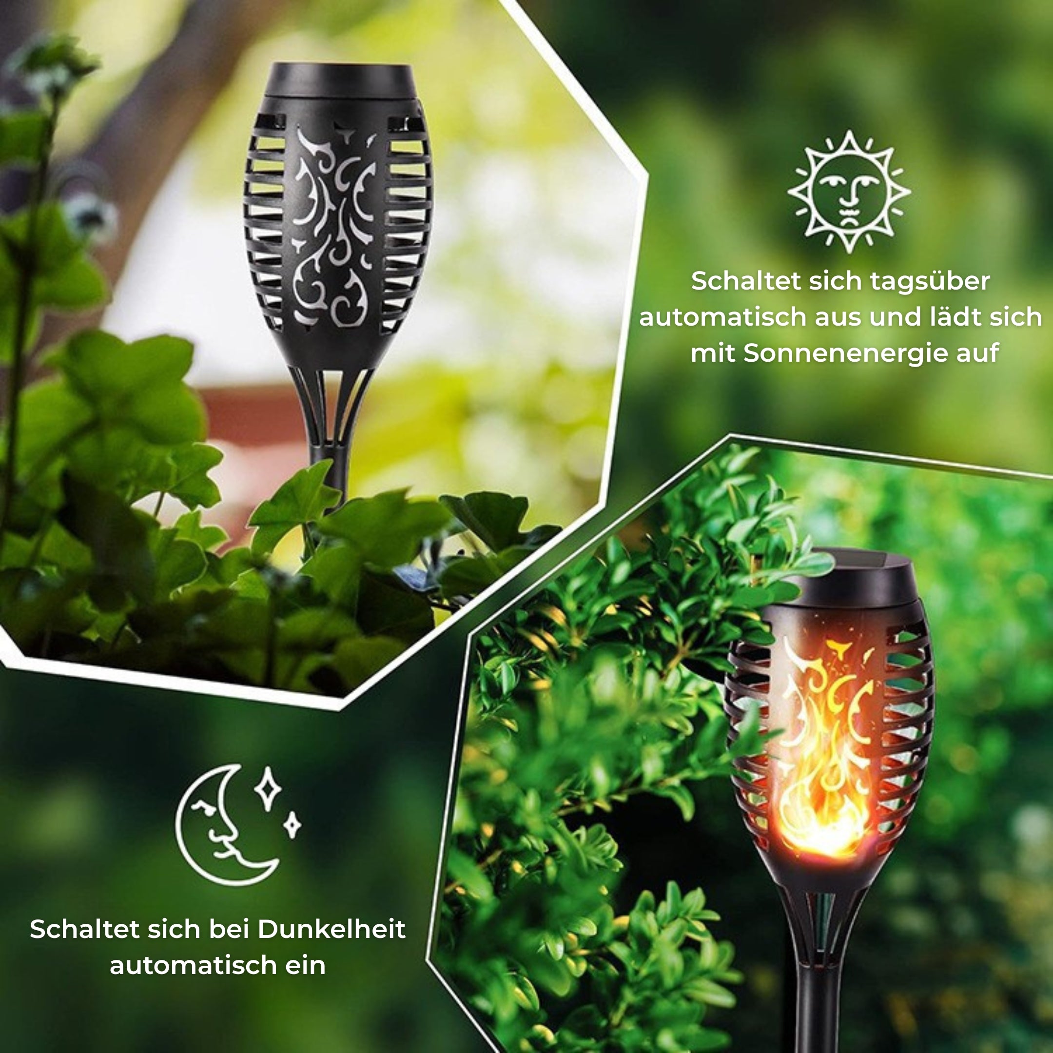 Solar Gartenfackel mit automatischer Tag-Nacht-Funktion – lädt sich bei Sonne, leuchtet bei Dunkelheit