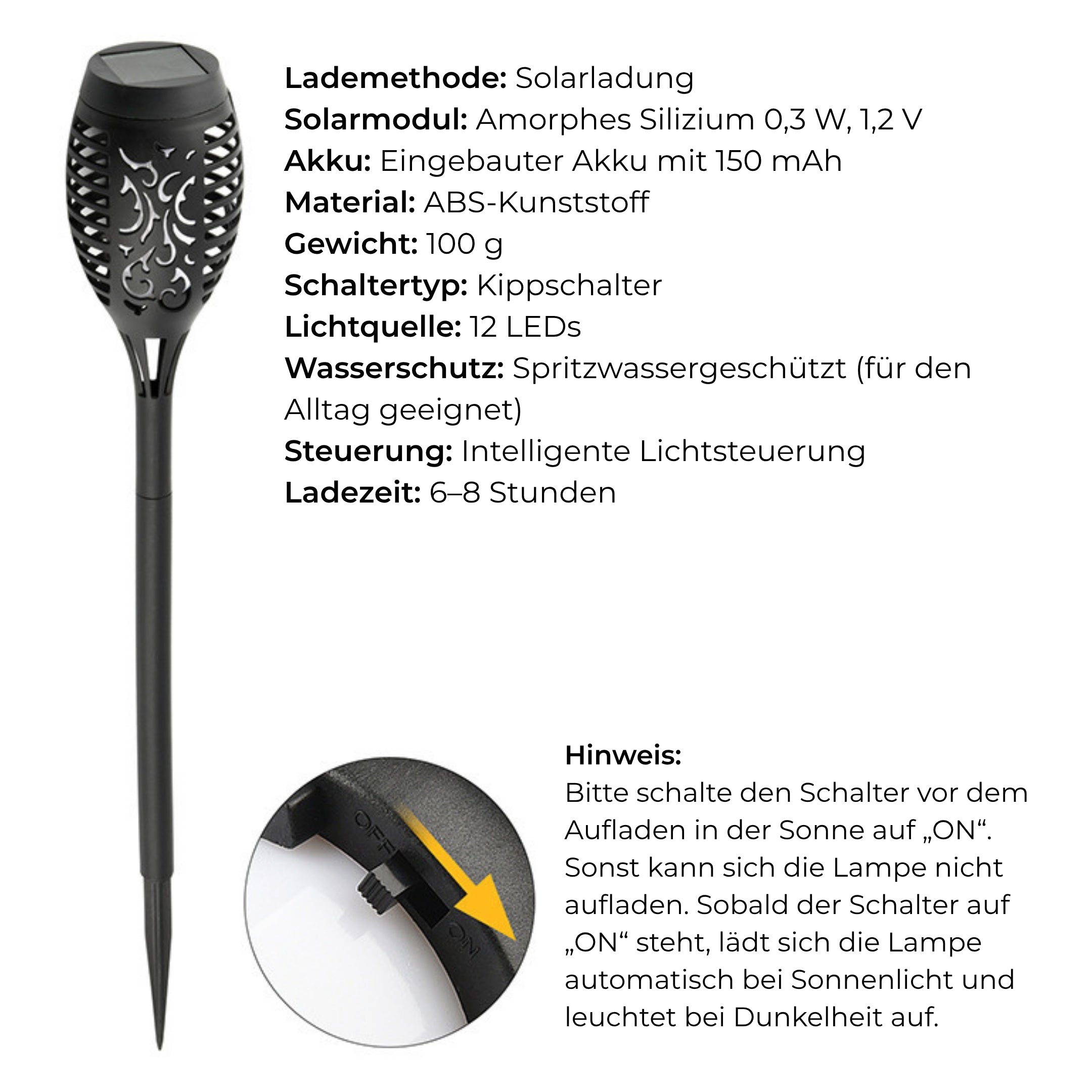 Technische Daten der Solar Gartenfackel – LED-Flammenlicht, Solarbetrieben, wetterfest