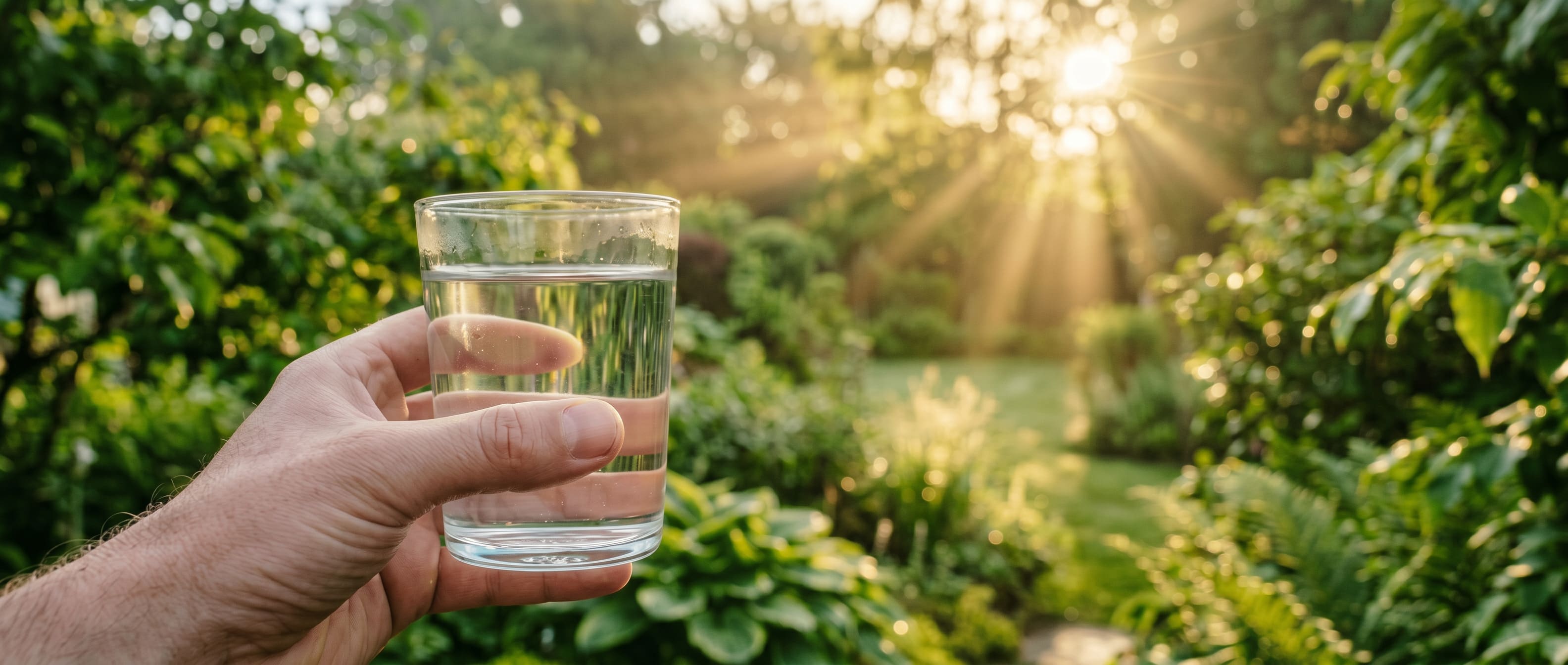 Hand hält am frühen Morgen ein Glas Wasser im sonnigen Garten, Sinnbild für besseren Schlaf ohne Alkohol