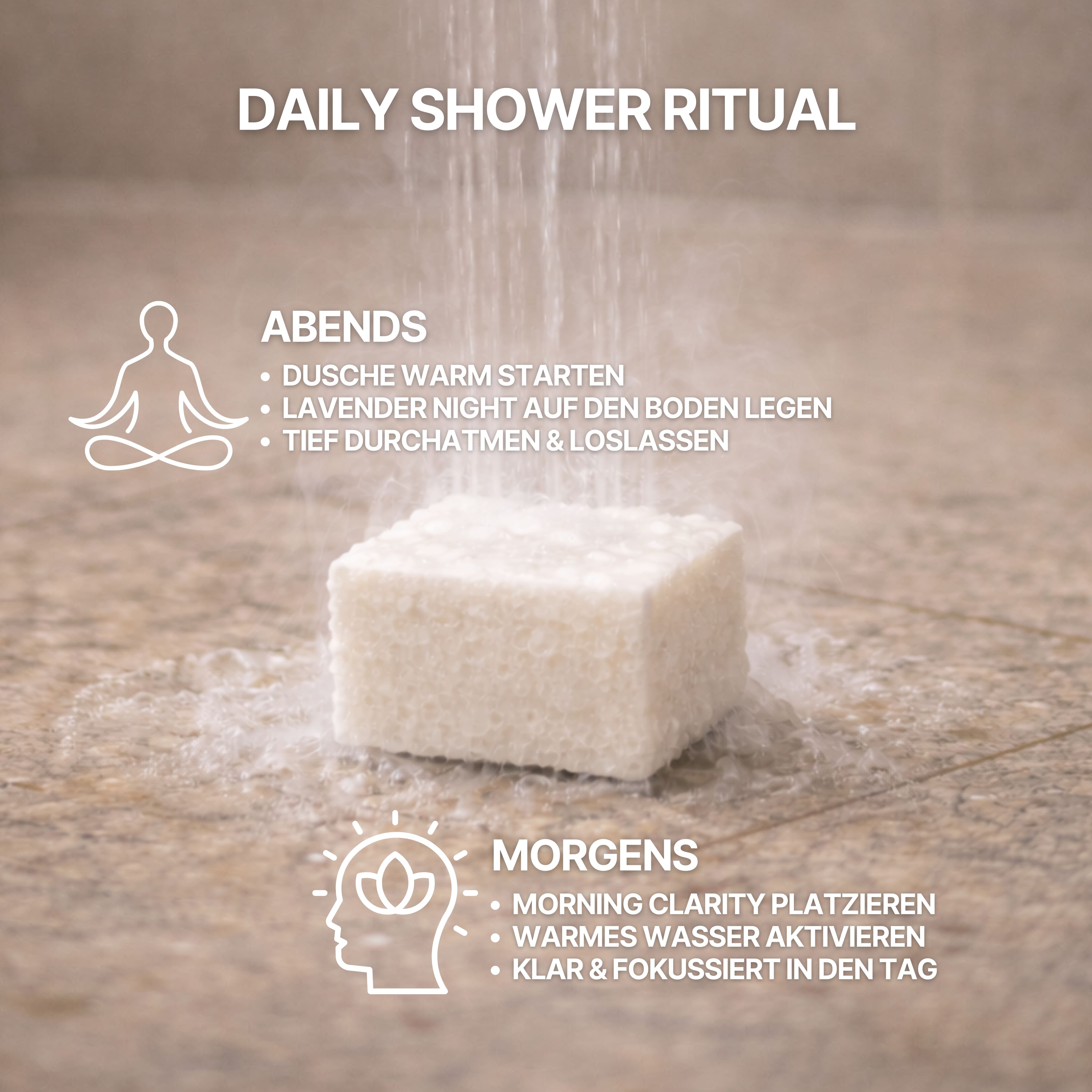 Anwendung der Lumerix Shower Steamer im täglichen Duschritual, Entspannung am Abend und Frische am Morgen