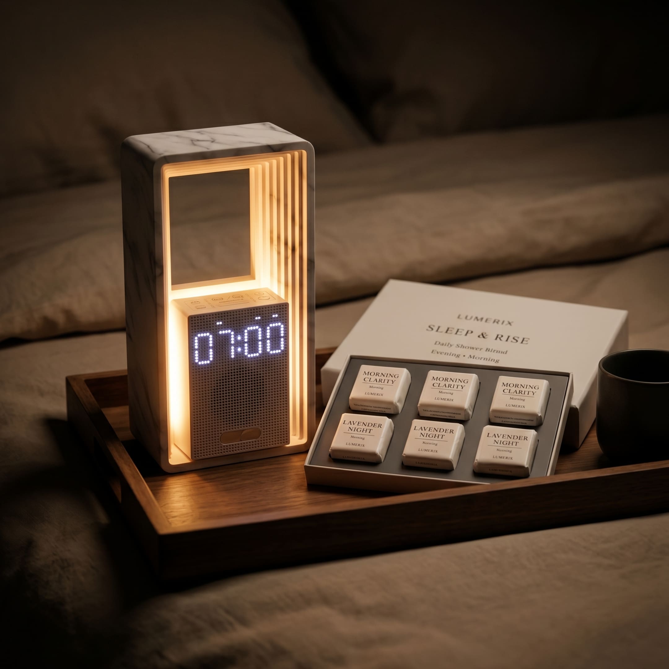 SLEEP & RISE BUNDLE – HORIZON, Limited Edition Lichtwecker + Shower Steamer Set