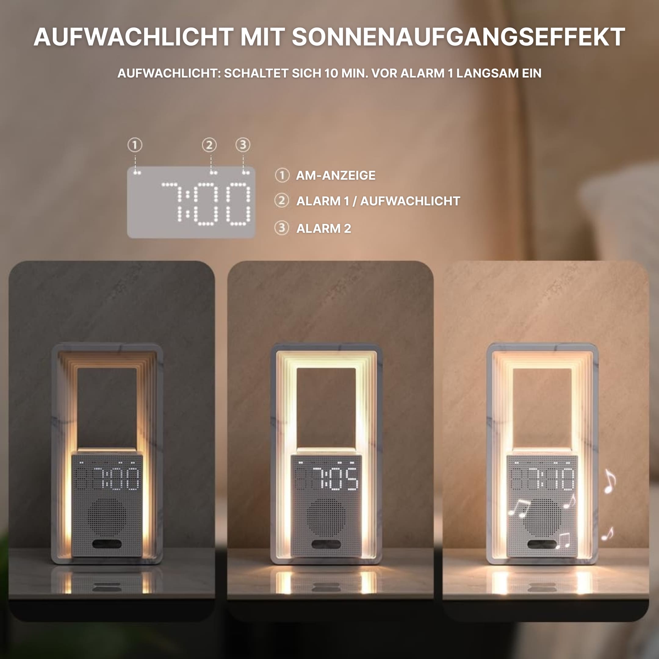Lichtwecker mit Sonnenaufgangssimulation weckt sanft durch langsam heller werdendes Licht vor dem Alarm für natürliches Aufwachen