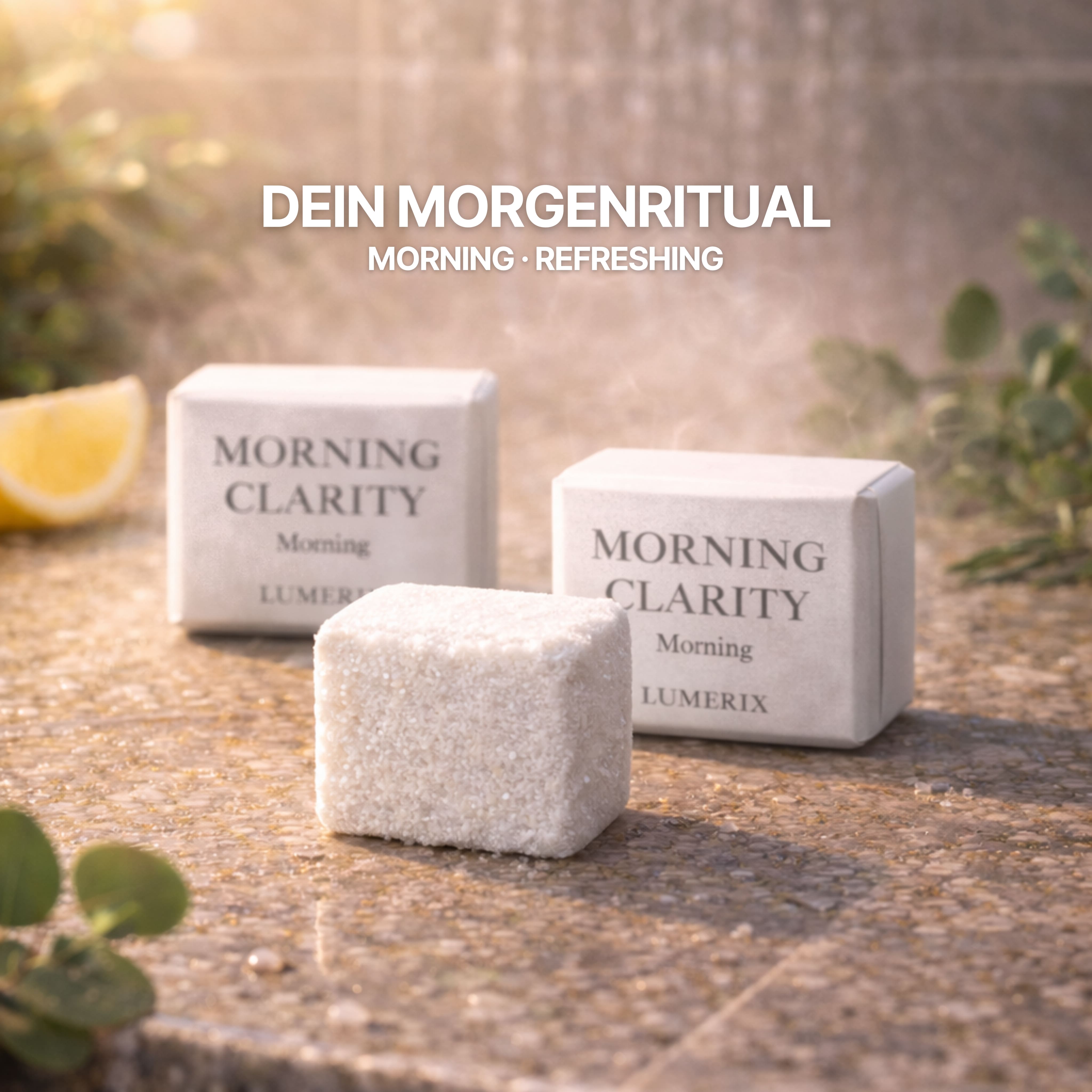 Morning Clarity Shower Steamer in der Dusche, ätherische Öle entfalten sich im warmen Wasserdampf für einen klaren Start in den Tag