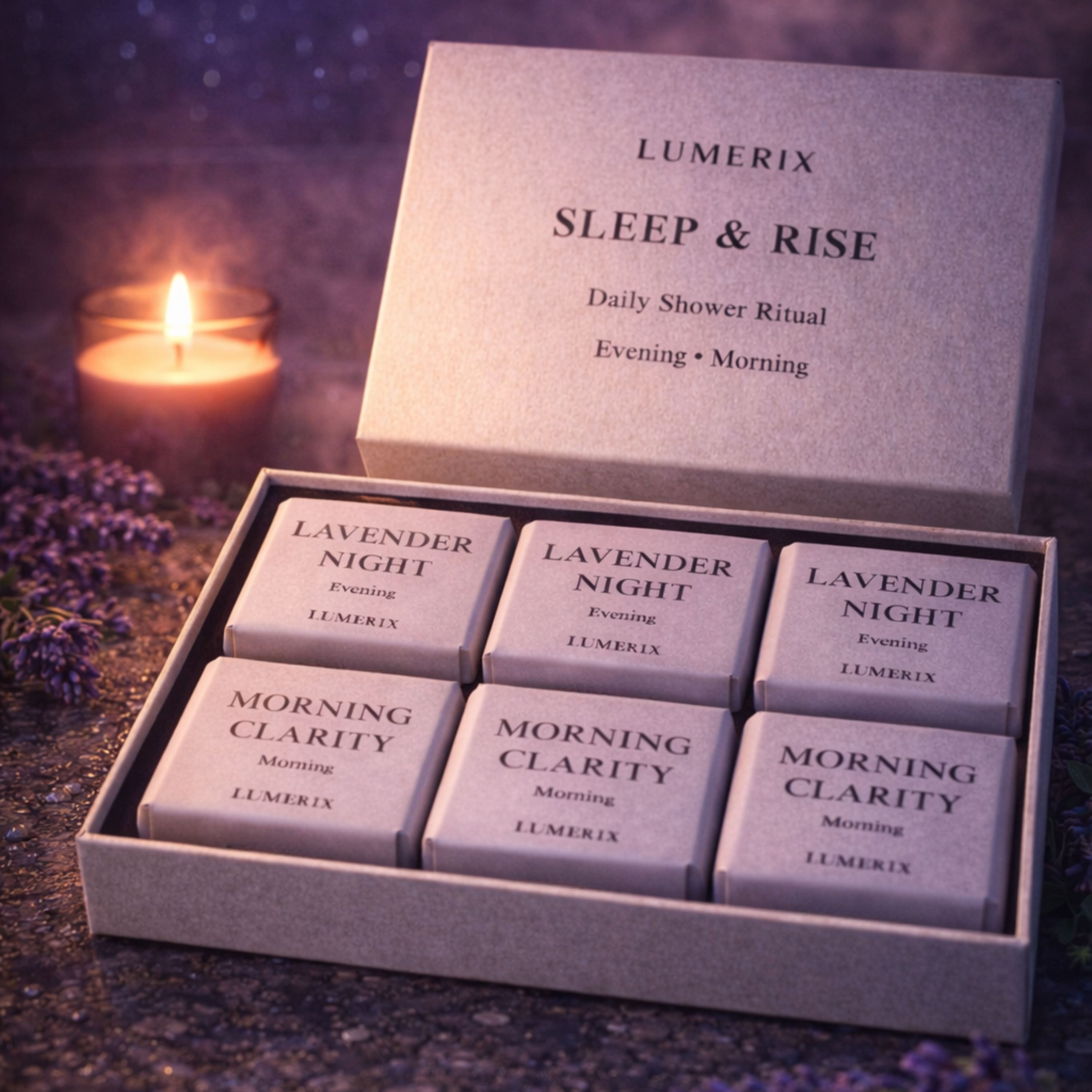 Lumerix Sleep & Rise Shower Steamer Set in stimmungsvoller Abendatmosphäre mit Kerze und Lavendel