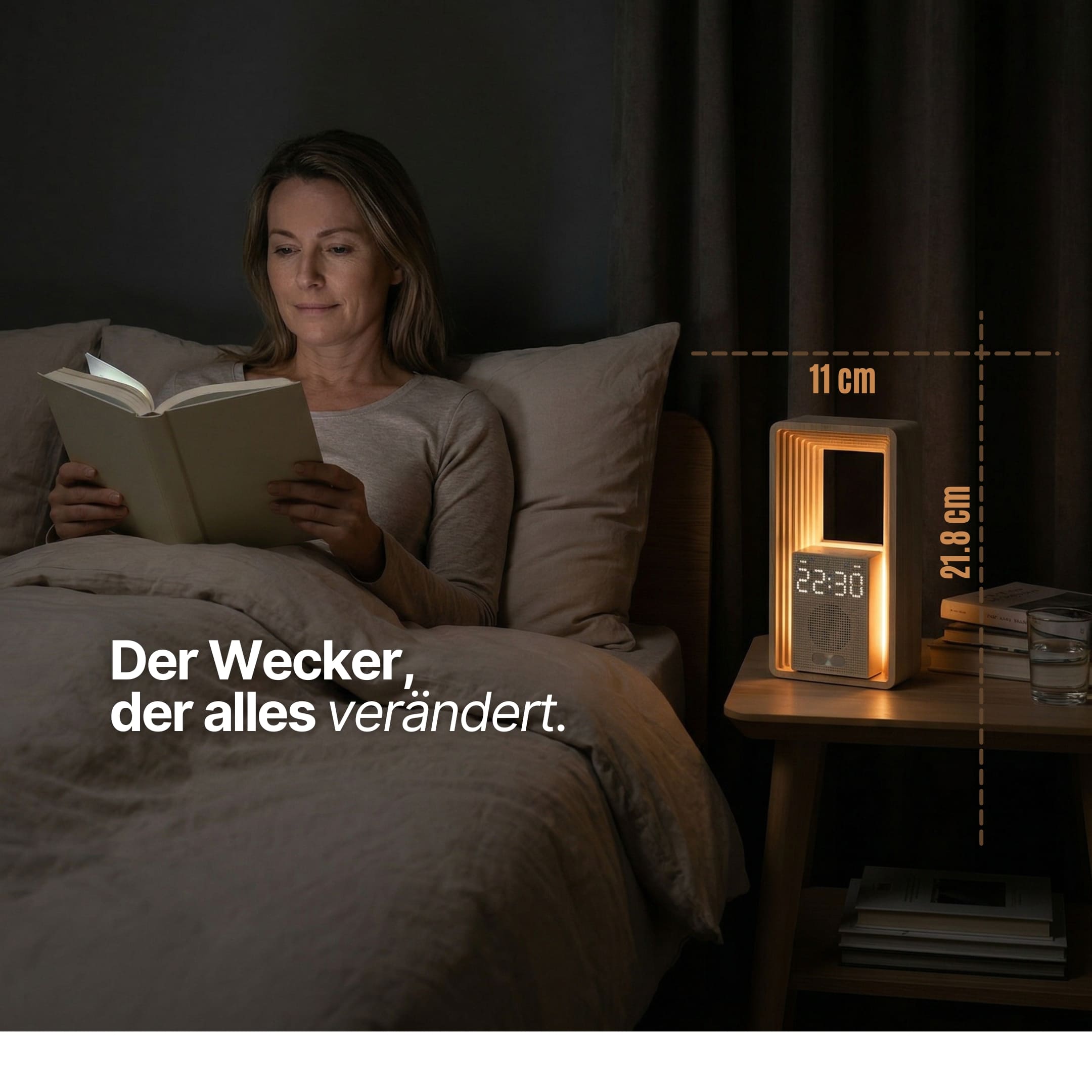 Horizon auf Nachttisch im Schlafzimmer mit Grössenangaben für natürliche Abendroutine und besseren Schlaf