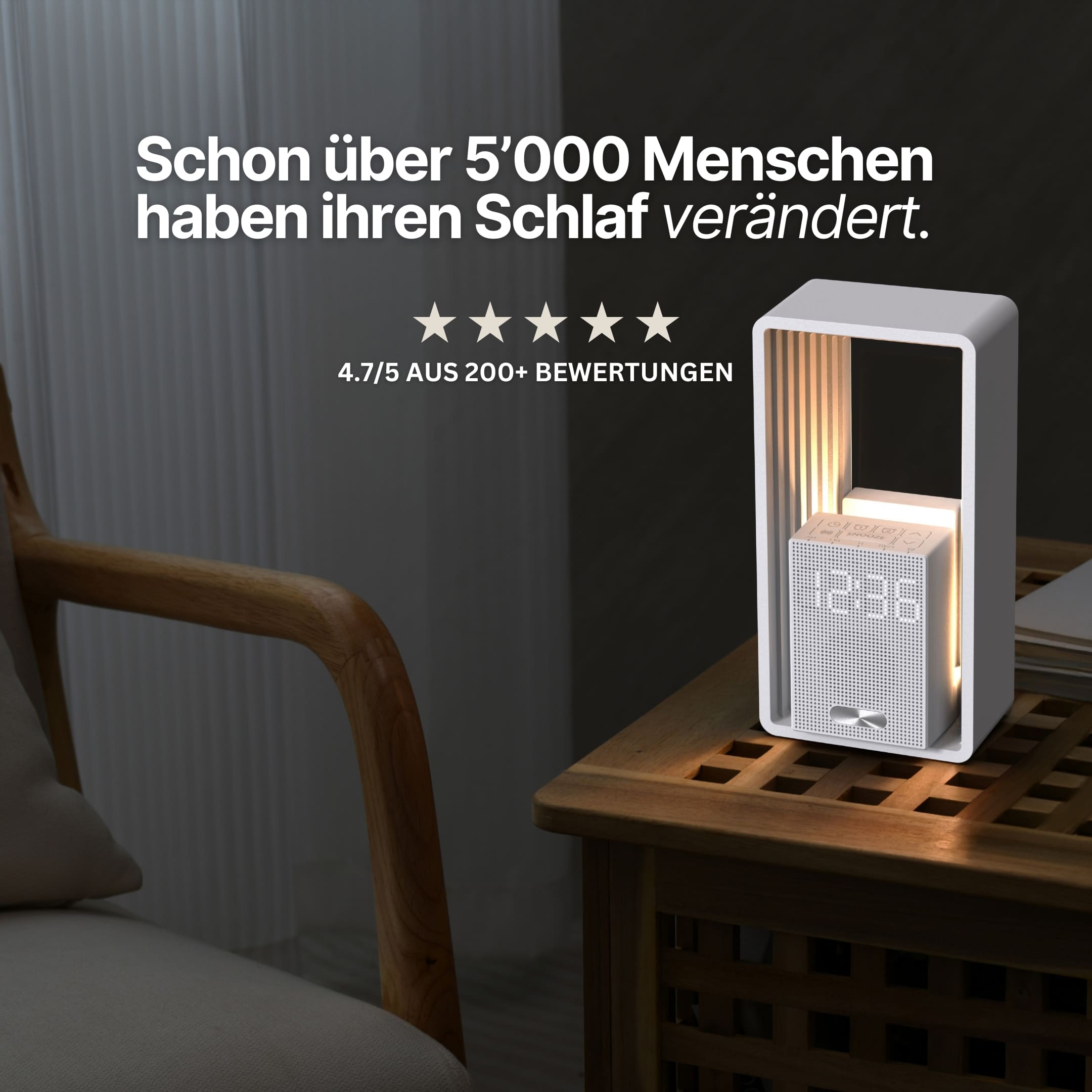 Moderner Wecker Horizon von Lumerix im Schlafzimmer – 4.7 Bewertung und über 5000 zufriedene Nutzer 