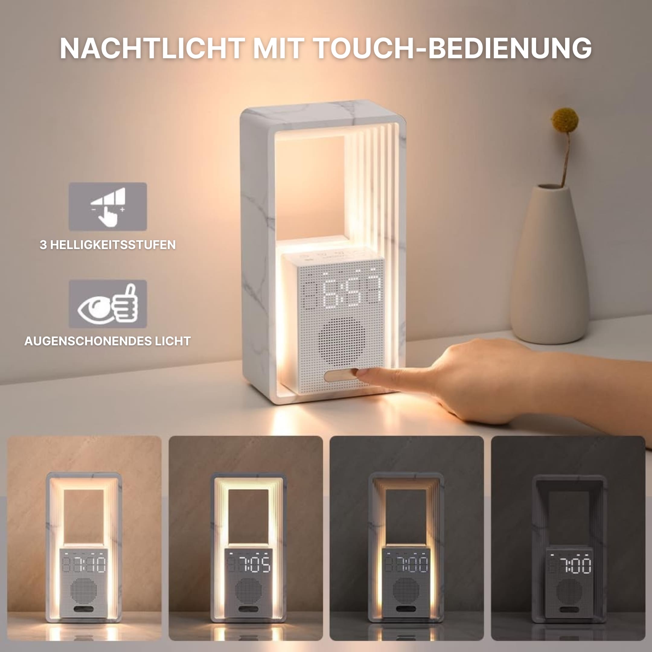 Lumerix Horizon Lichtwecker mit Touch-Bedienung und Nachtlicht – 3 Helligkeitsstufen und augenschonendes warmes Licht