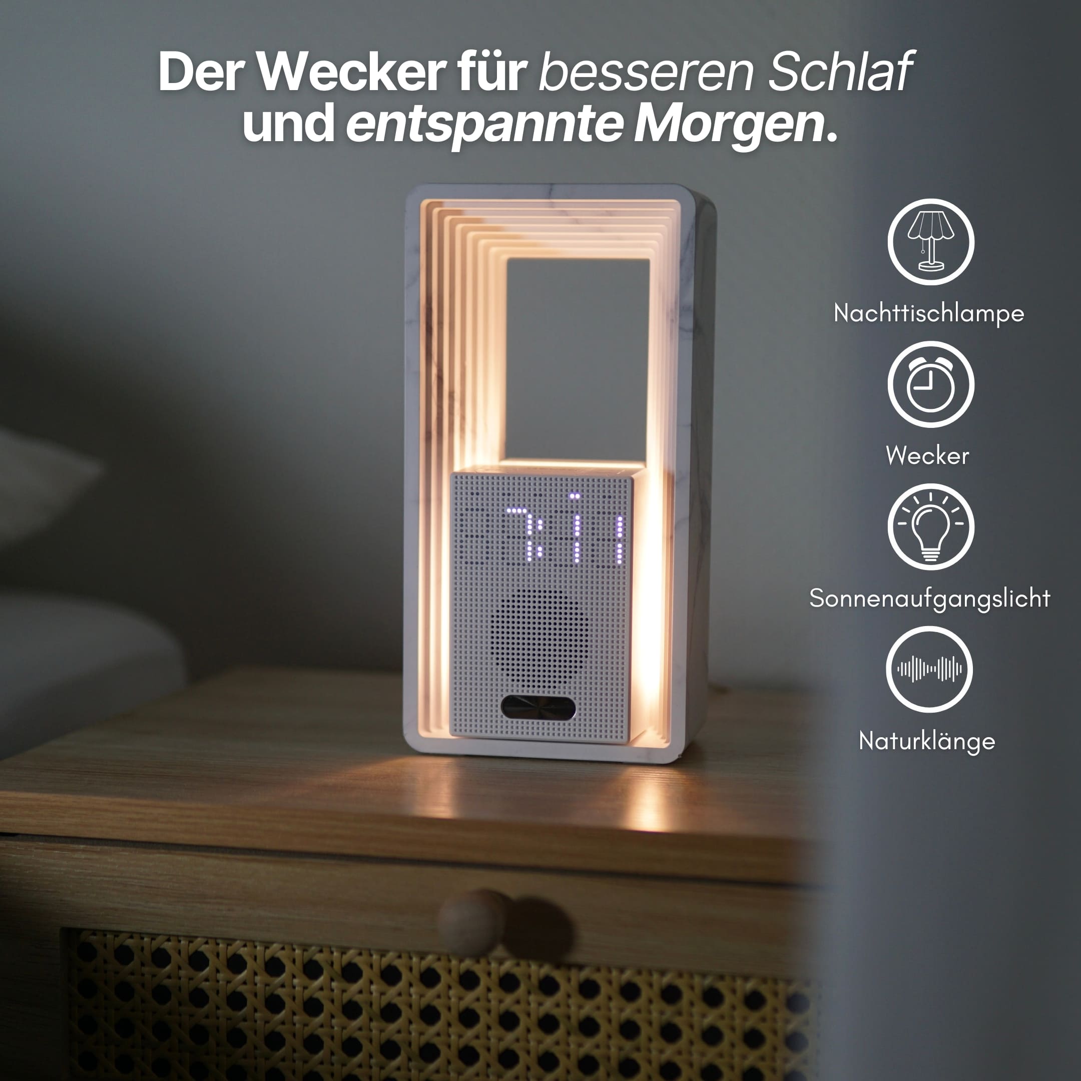 Lichtwecker mit Sonnenaufgangslicht, Naturklängen, Weckerfunktion und Nachtlicht für besseren Schlaf und entspannte Morgen