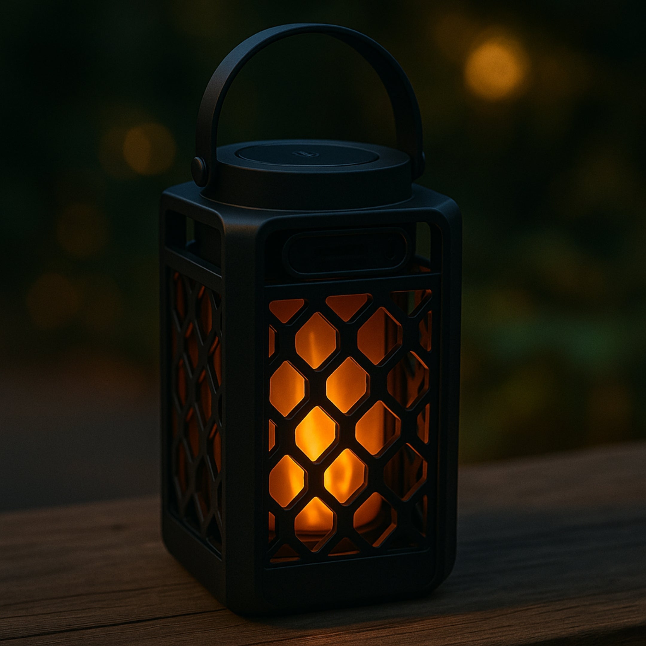 Freunde sitzen draußen an einem Holztisch mit der leuchtenden Luminara Laterne in der Mitte – warmes Licht, entspannte Sommeratmosphäre.