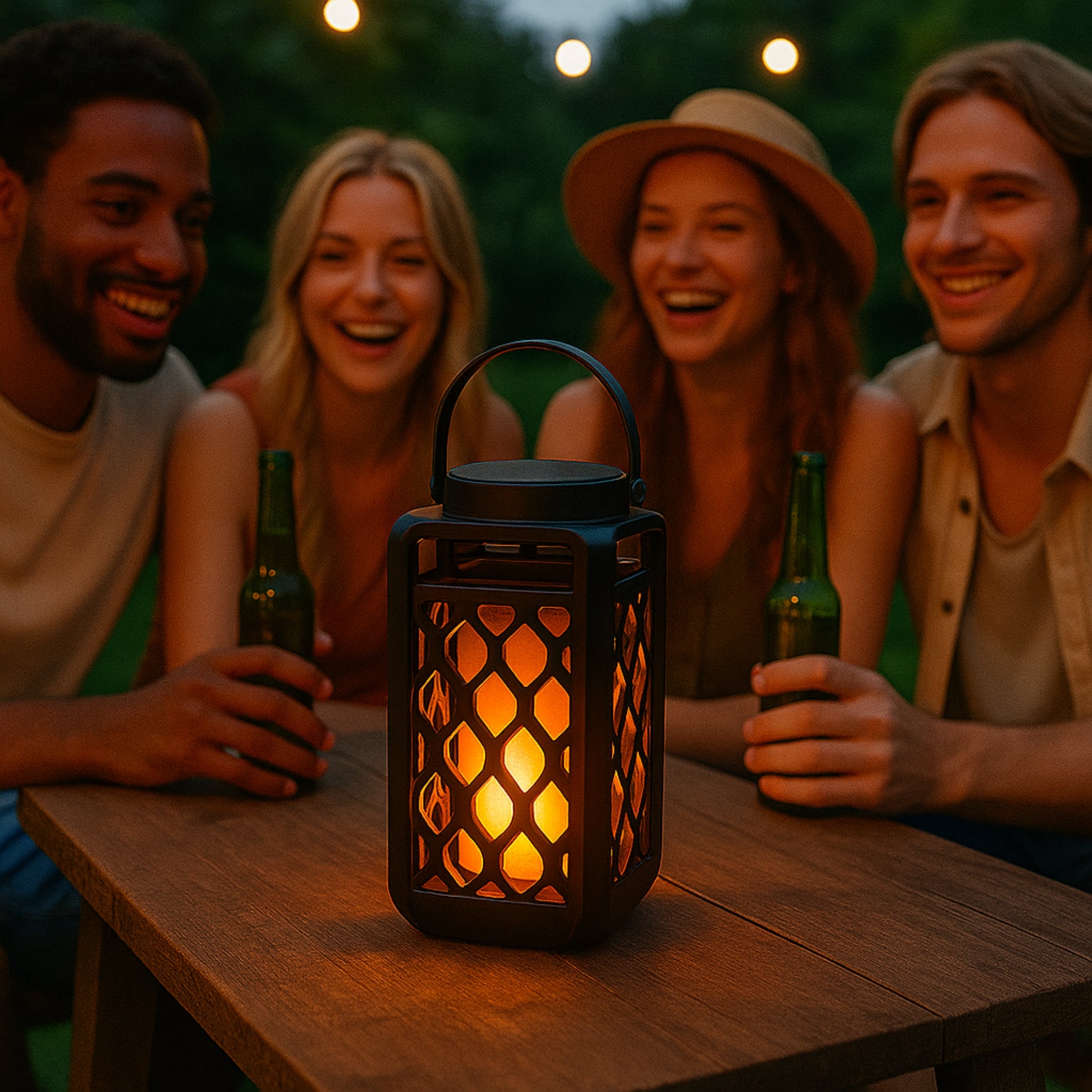 Vier lachende Freunde sitzen abends im Garten um einen Tisch, in dessen Mitte die Luminara Laterne stimmungsvolles Flammenlicht verbreitet.