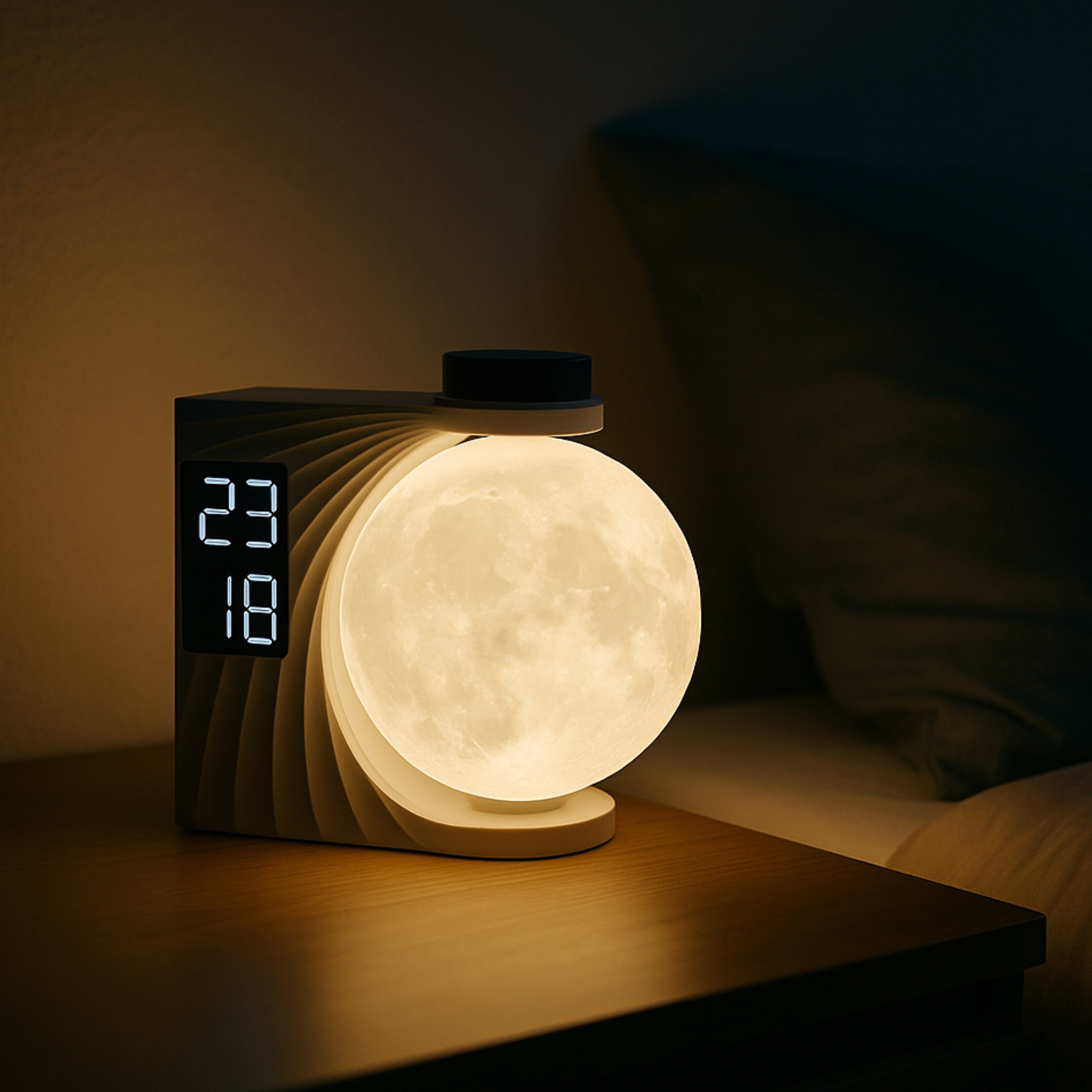 Luna Glow Mondlampe in neutralem Licht auf Nachttisch bei Nacht.