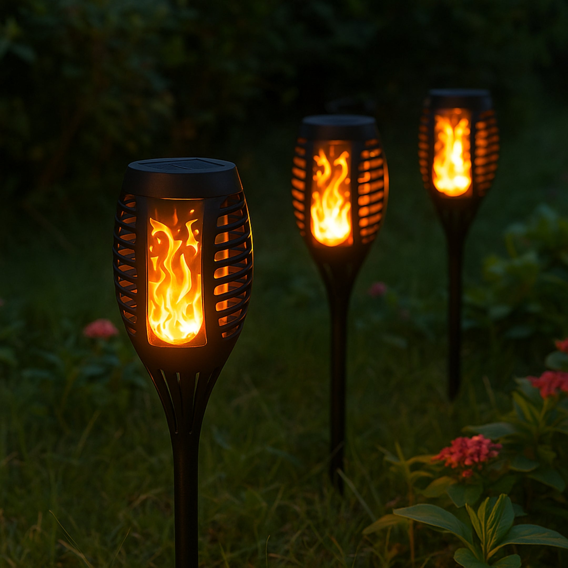 Drei Solar Gartenfackeln im Garten – flackerndes, warmes Licht bei Dunkelheit