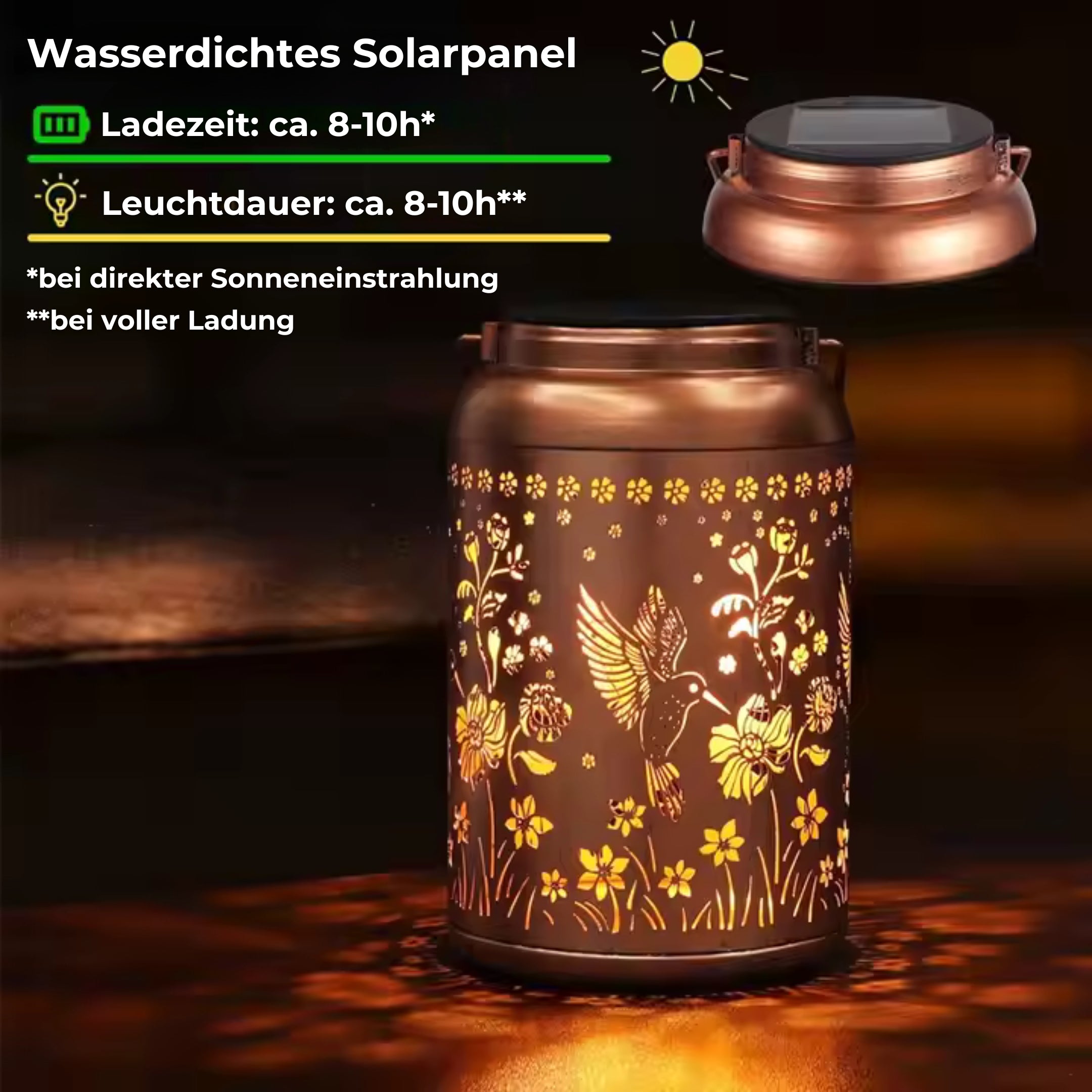 Leuchtdauer und Ladezeit der Solarlaterne mit Solarzellen-Detail